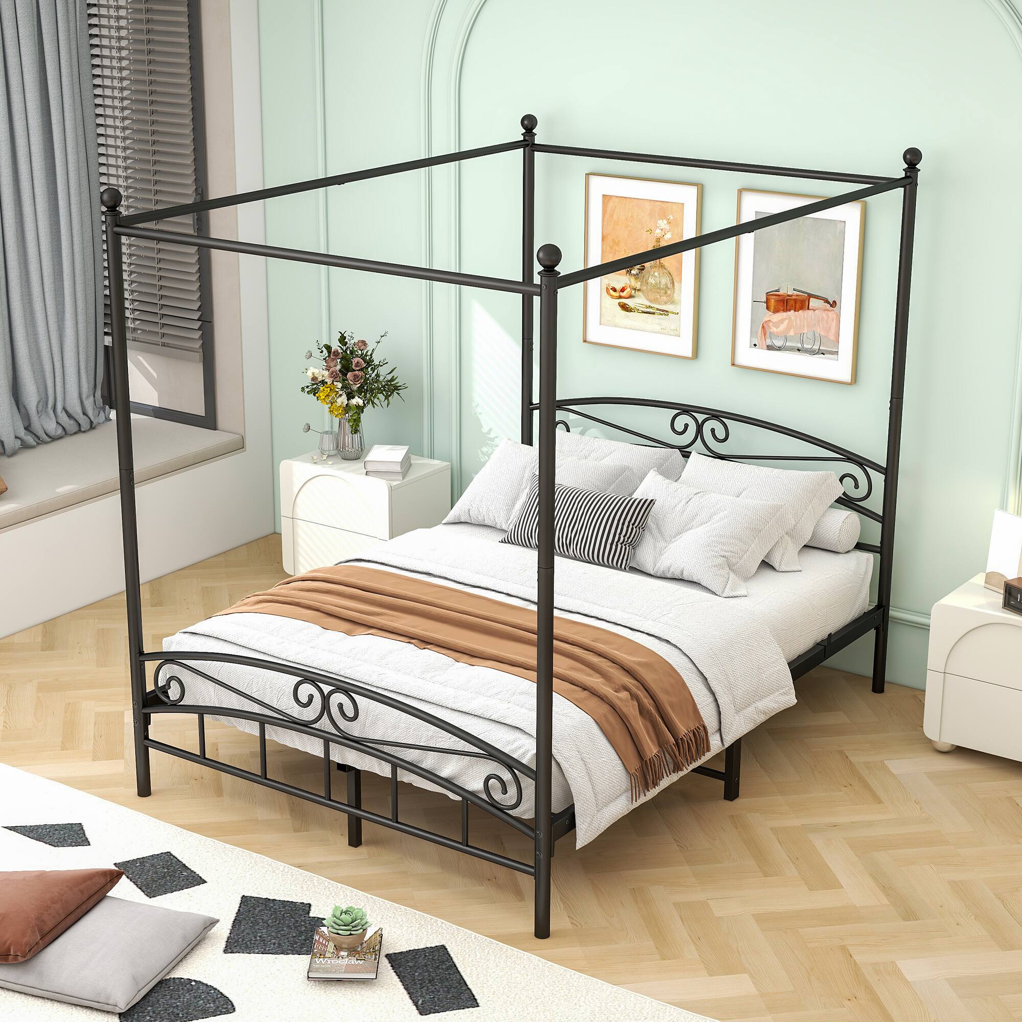 Alt View 2. APRILSOUL - Queen Size Metal Canopy Bed Frame with Headboard and Footboard Black - Black.