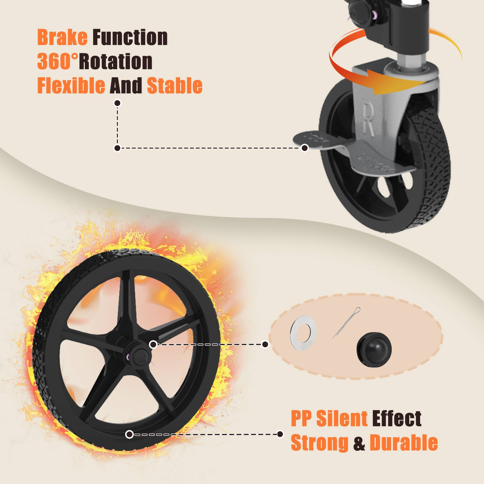 Brake Function  
360° Rotation  
Flexible And Stable  

PP Silent Effect  
Strong & Durable