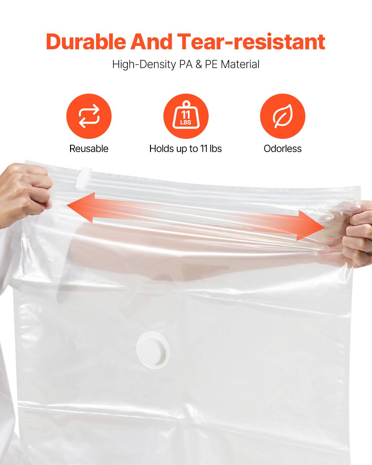 Durable And Tear-resistant  
High-Density PA & PE Material  

Reusable  
Holds up to 11 lbs  
Odorless