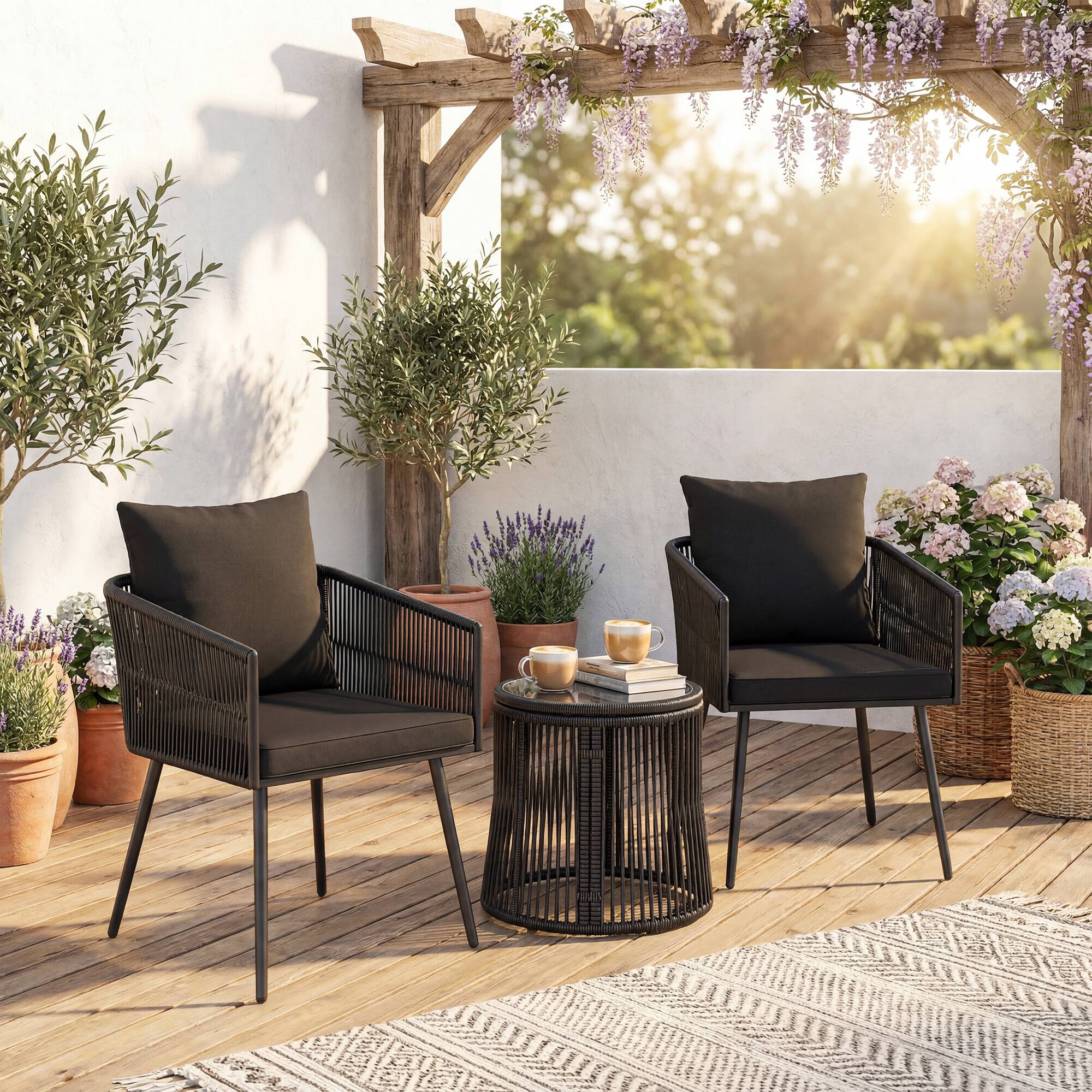 Front. Costway - Costway 3-Piece Furniture Set Rattan Conversation Set with Cushions Patio Wicker Chairs & Round Side Table Set - Black.