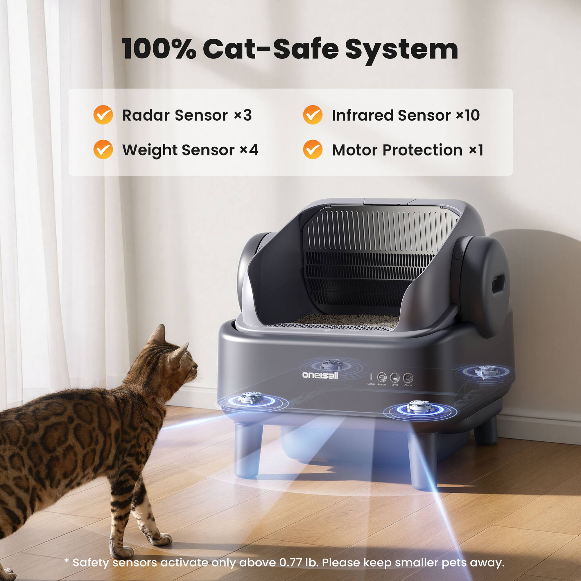 100% Cat-Safe System

- Radar Sensor x3
- Infrared Sensor x10
- Weight Sensor x4
- Motor Protection x1

* Safety sensors activate only above 0.77 lb. Please keep smaller pets away.