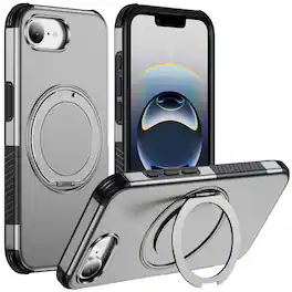 Dteck - Magnetic Shockproof Case for Apple iPhone 17e, 360 Rotating Ring Stand Non Slip Cover with Raised Edge Protection - Silver