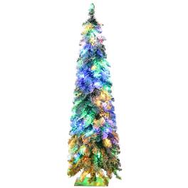 Ecooso - 4ft Tall Prelit Pencil Artificial Christmas Tree,225 Snow Flocked Branches, 100 Warm LED Lights, Downswept Shape - Green