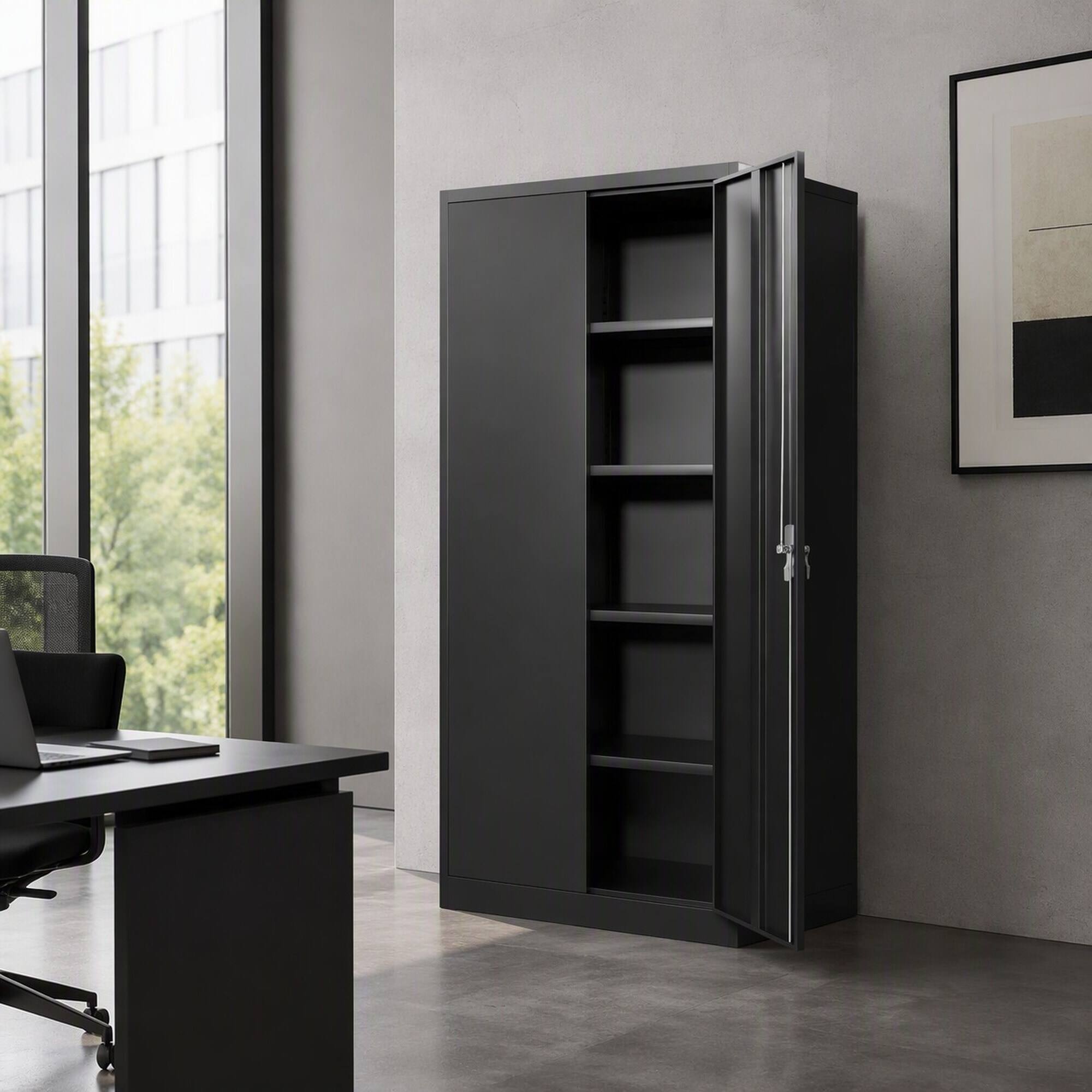 Angle. RYHNUYNE - 72 in Tall Metal Storage Cabinet with Locking Doors, 0.8mm Cold Rolled Steel Garage Cabinet with 3-Point Lock System - Black.