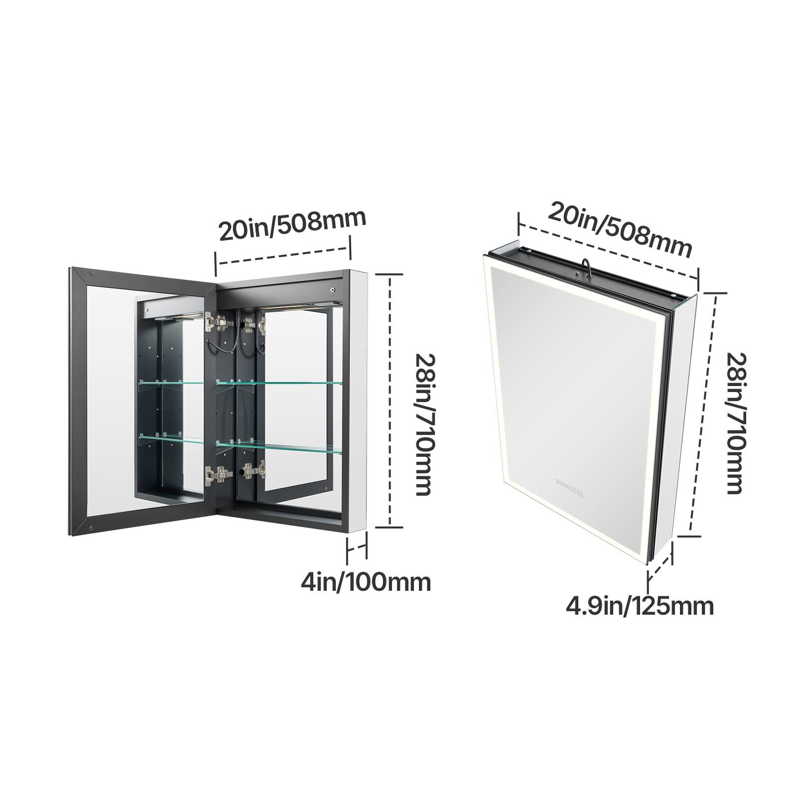 20in/508mm, 28in/710mm, 4in/100mm, 20in/508mm, 28in/710mm, 4.9in/125mm
