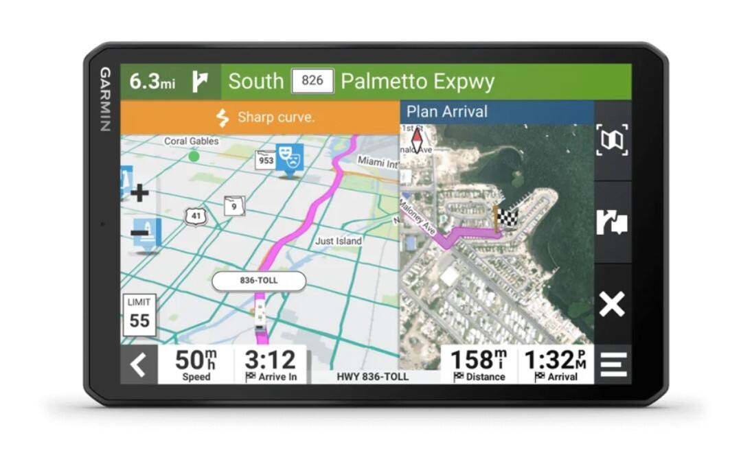 GARMIN  
6.3mi South 826 Palmetto Expwy  
Sharp curve.  
Plan Arrival  

1st Coral Gables  
953 Miami Int  
41 N Maloney Ave  
Just Island  

LIMIT 55  
50% Speed  
3:12 Arrive In  
158m Distance  
1:32P Arrival  

HWY 836-TOLL