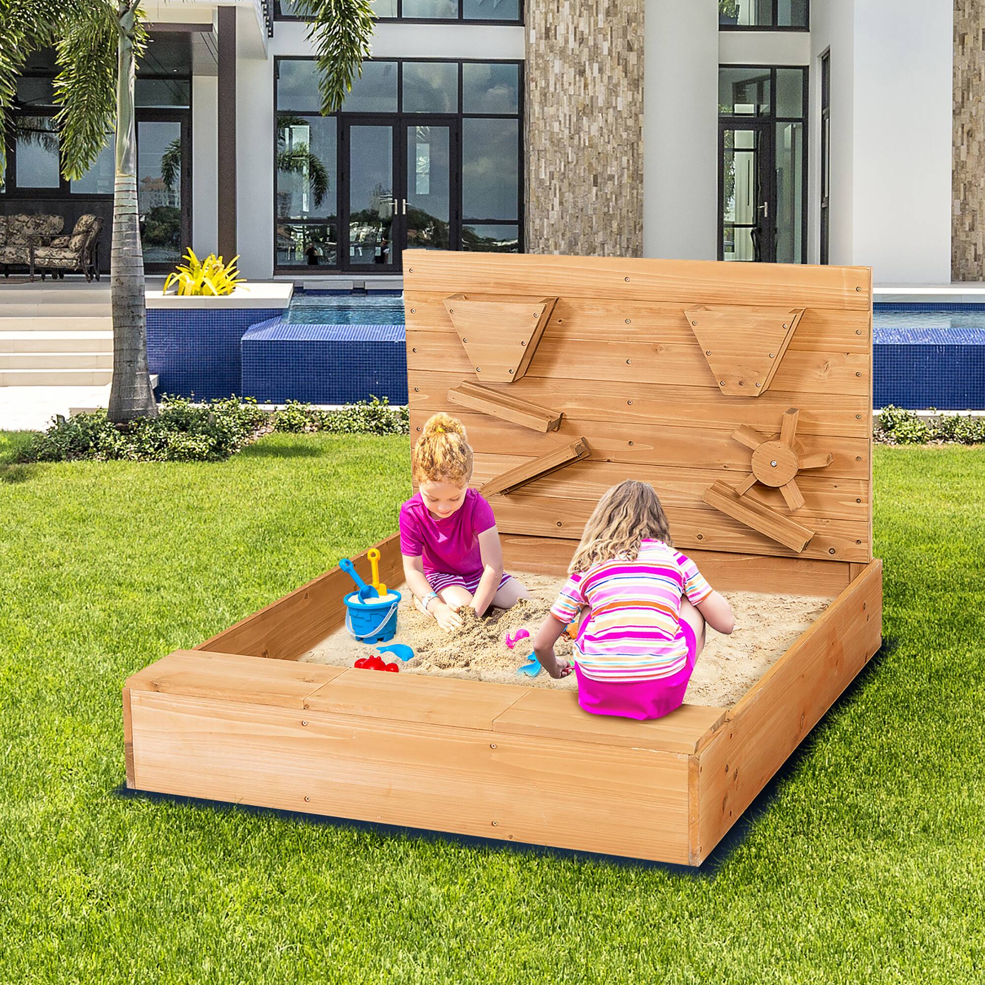 Alt View 4. Costway - Costway Wooden Sandbox w/ Sand Wall & Cover & Bottom Liner for Kids Outdoor - Natural.