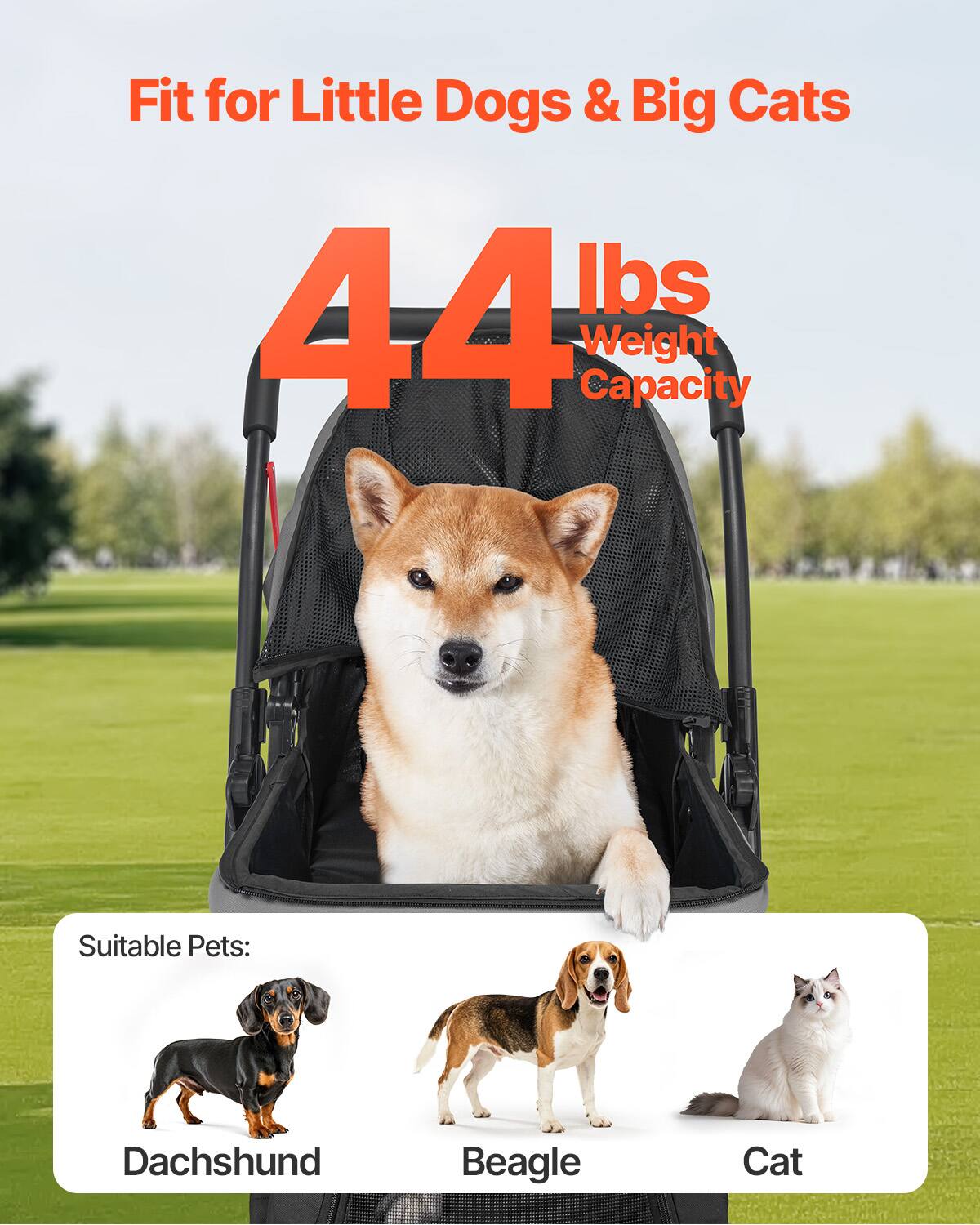 Fit for Little Dogs & Big Cats  
44 lbs Weight Capacity  
Suitable Pets: Dachshund, Beagle, Cat