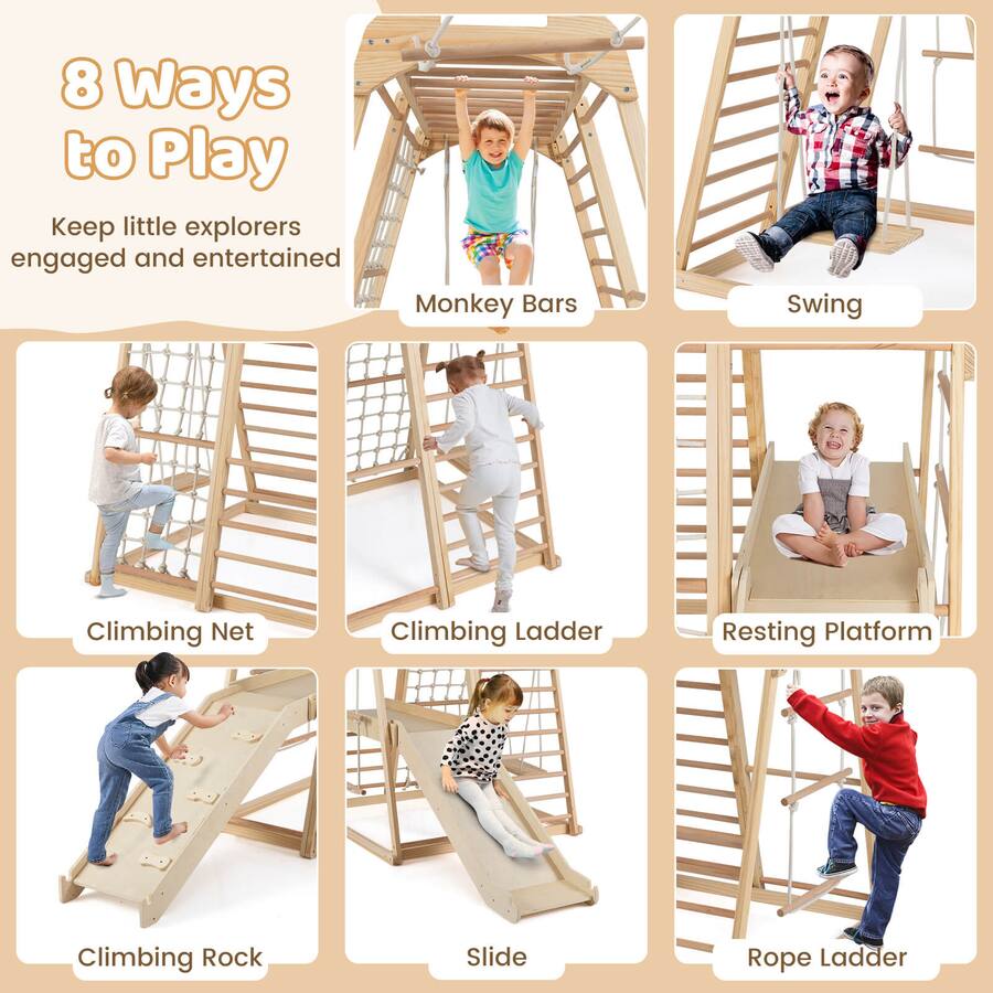 Costway 8 in 1 Jungle Gym with Slide, Monkey Bar, Swing, Rope Ladder ...