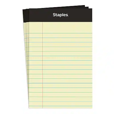 Front. Staples - Staples® Mini Legal Notepad, 3.5" x 5.2", Narrow Ruled, Canary, 50 Sheets/Pad, 3/Pack (36312) - Canary.