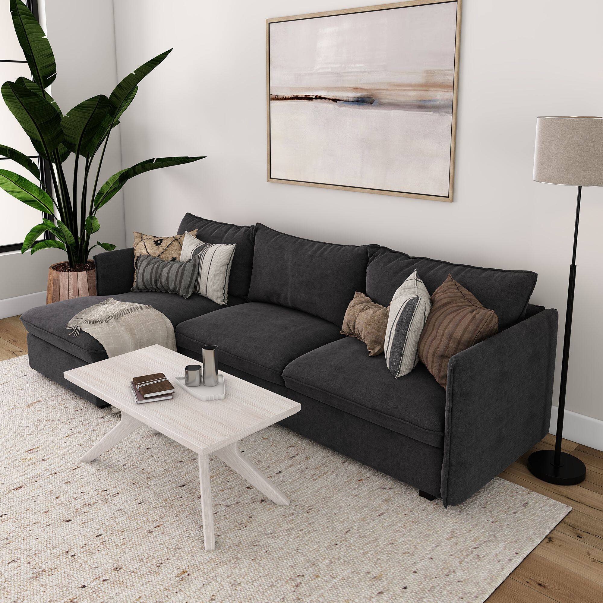Alt View 4. Plank+Beam - Cross Leg Rectangular Coffee Table (40in x 20in / 1020mm x 510mm), White Sand Wirebrush - White Sand Wirebrush.