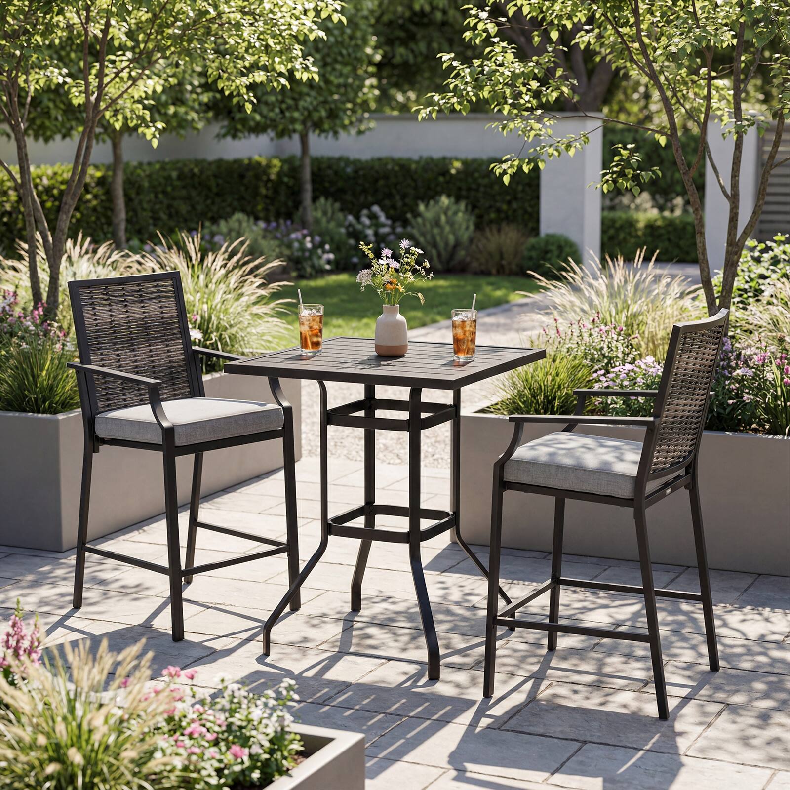 Alt View 3. Gymax - Gymax 3PCS Outdoor Bar Set High Top Patio Bar Table & Rattan Wicker Chairs w/Cushions - Grey.