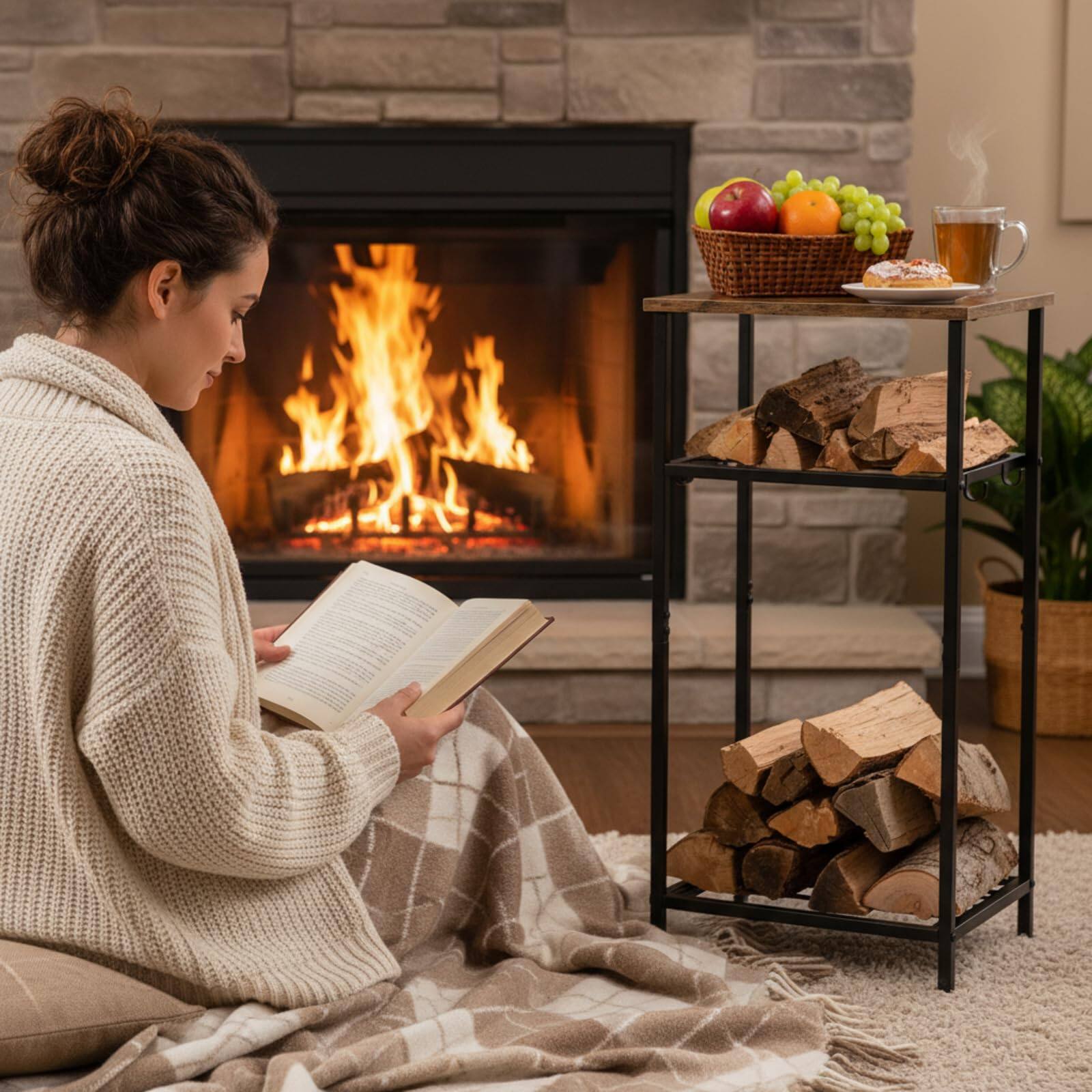 Alt View 1. JETRANSPORT - Firewood Rack Indoor Outdoor 32.3 Inch Metal 2-tier Holder Coffee Table With 4 Hook Adjustable Feet Pads - Default.