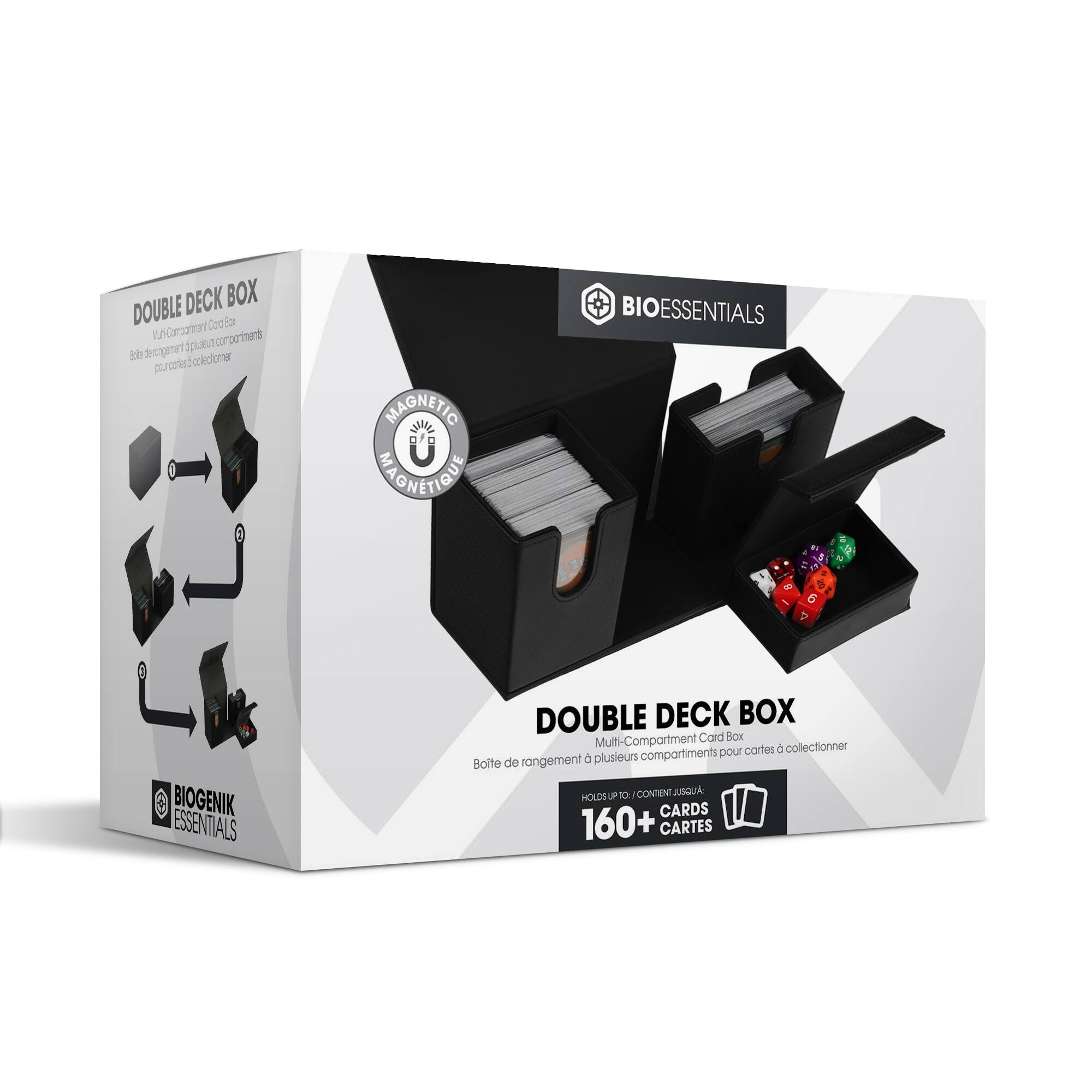 DOUBLE DECK BOX  
Multi-Compartment Card Box  
Bolte de rangement à plusieurs compartiments pour cartes à collectionner  

BIOESSENTIALS  
BIOGENIK ESSENTIALS  

HOLDS UP TO 160+ CARDS  
CONTIENT JUSQU'A 160+ CARTES  

MAGNETIC  
MAGNETIQUE