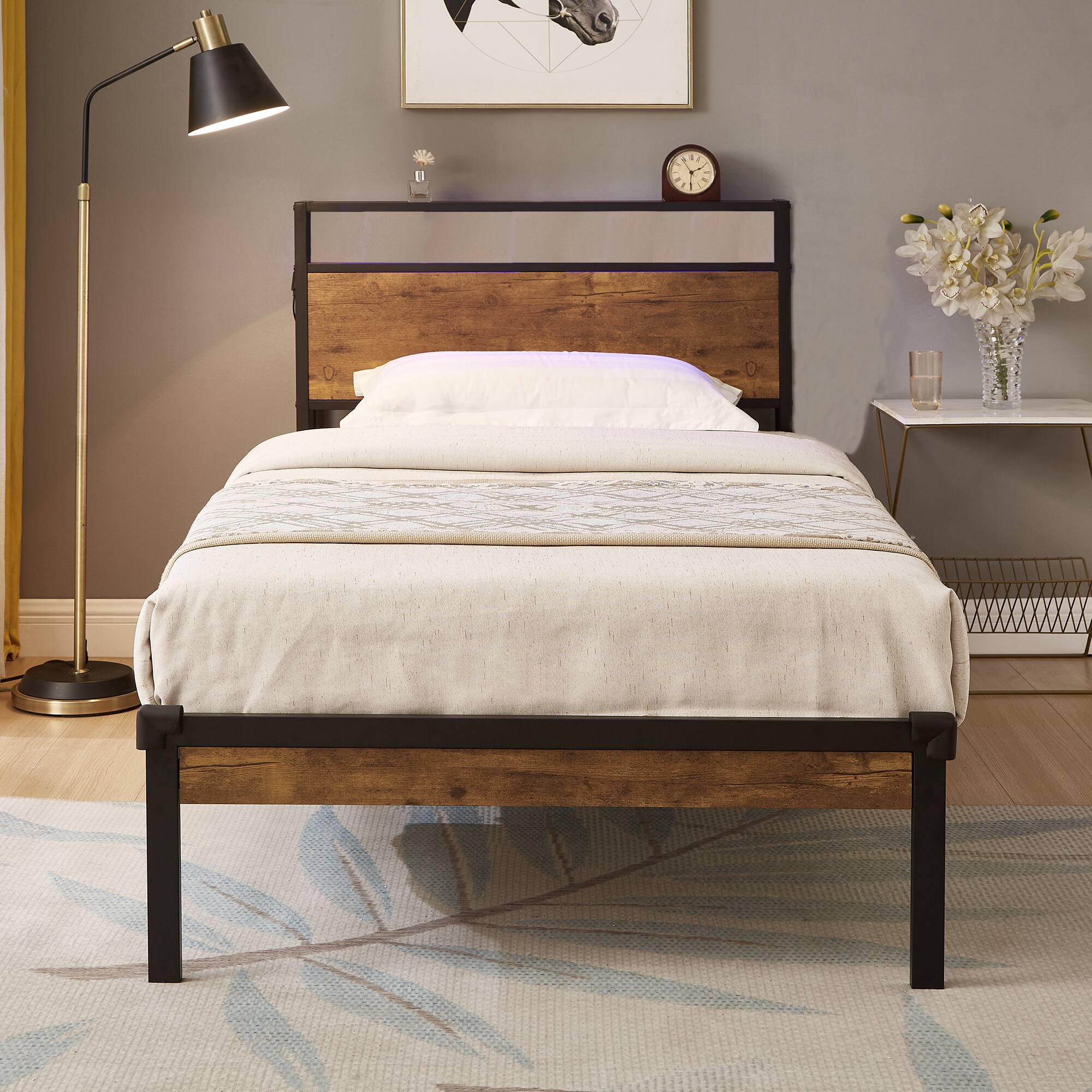 Angle. LUCKY ONE - Twin Size Metal Platform Bed Frame with Wooden Headboard and Footboard with USB LINER - Black+Brown.