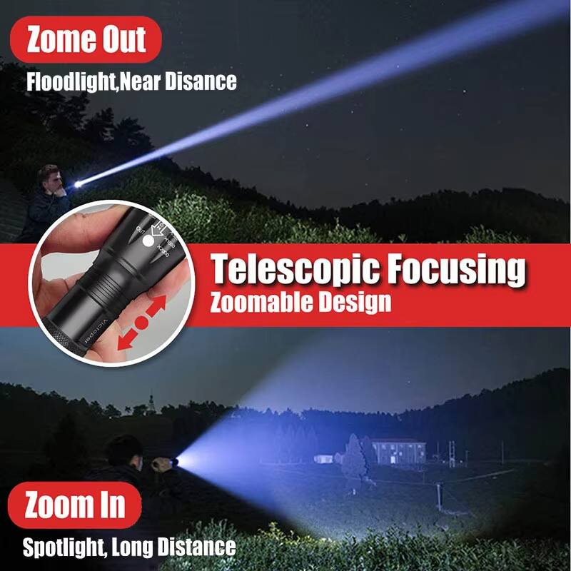 Zome Out  
Floodlight, Near Distance  

Telescopic Focusing  
Zoomable Design  

Zoom In  
Spotlight, Long Distance