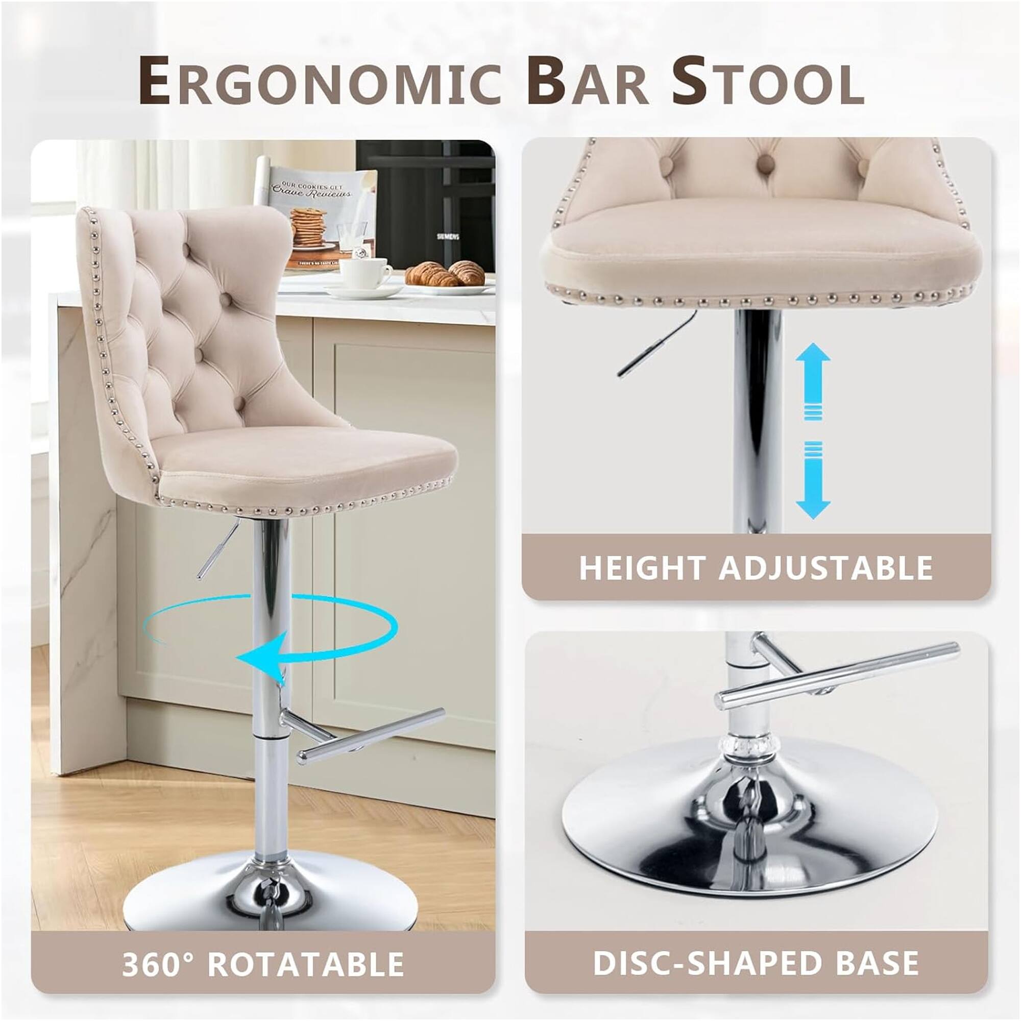 ERGONOMIC BAR STOOL

- HEIGHT ADJUSTABLE
- 360° ROTATABLE
- DISC-SHAPED BASE