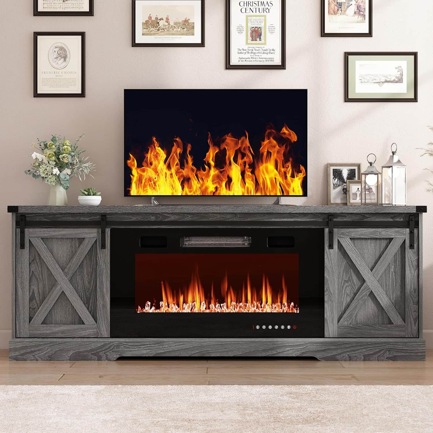 Espafurni - 70" Farmhouse TV Stand for 70 - 80" TVs With 36" Fireplace, Barn Doors, Living Room - Gray