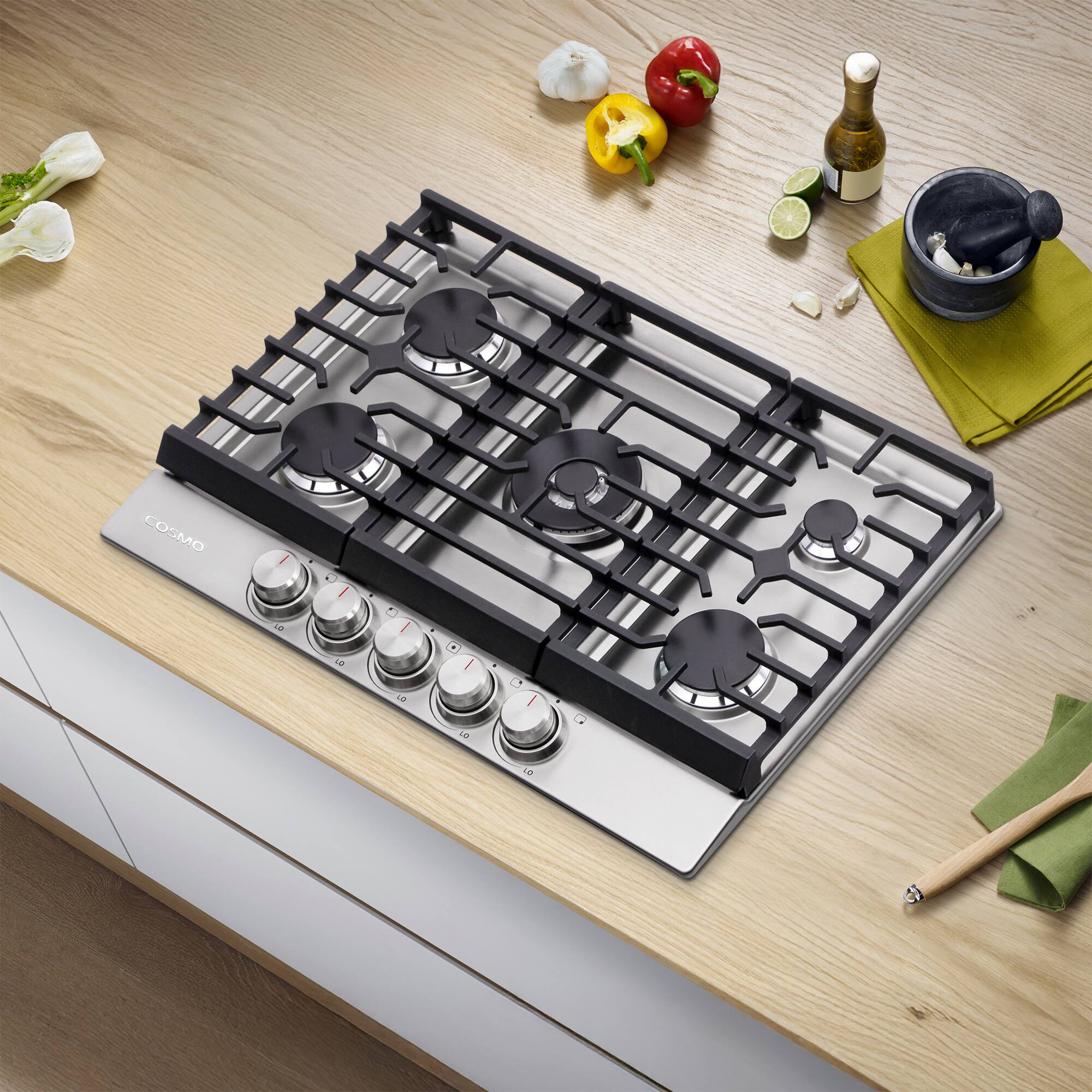 Angle. COSMO - COS-CTGH305SS 30 in. Haven Collection Drop-in Gas Cooktop with 5 Sealed Burners, Cast Iron Grates - Stainless Steel.