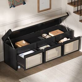 Ropilly - 48 Inch Entryway Shoe Bench with Rattan Drawers, Retro Storage Bench for Hallway - Black