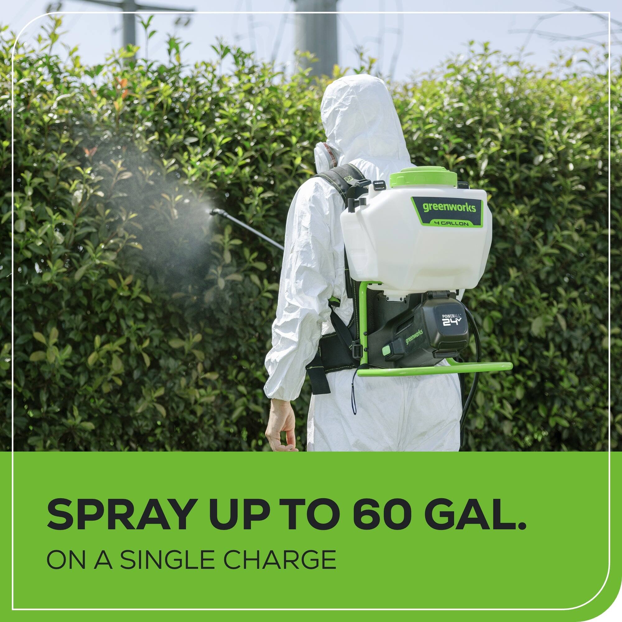 "Greenworks - Callus Geemaris P 24 Spray Up to 60 Gal. On a Single Charge."