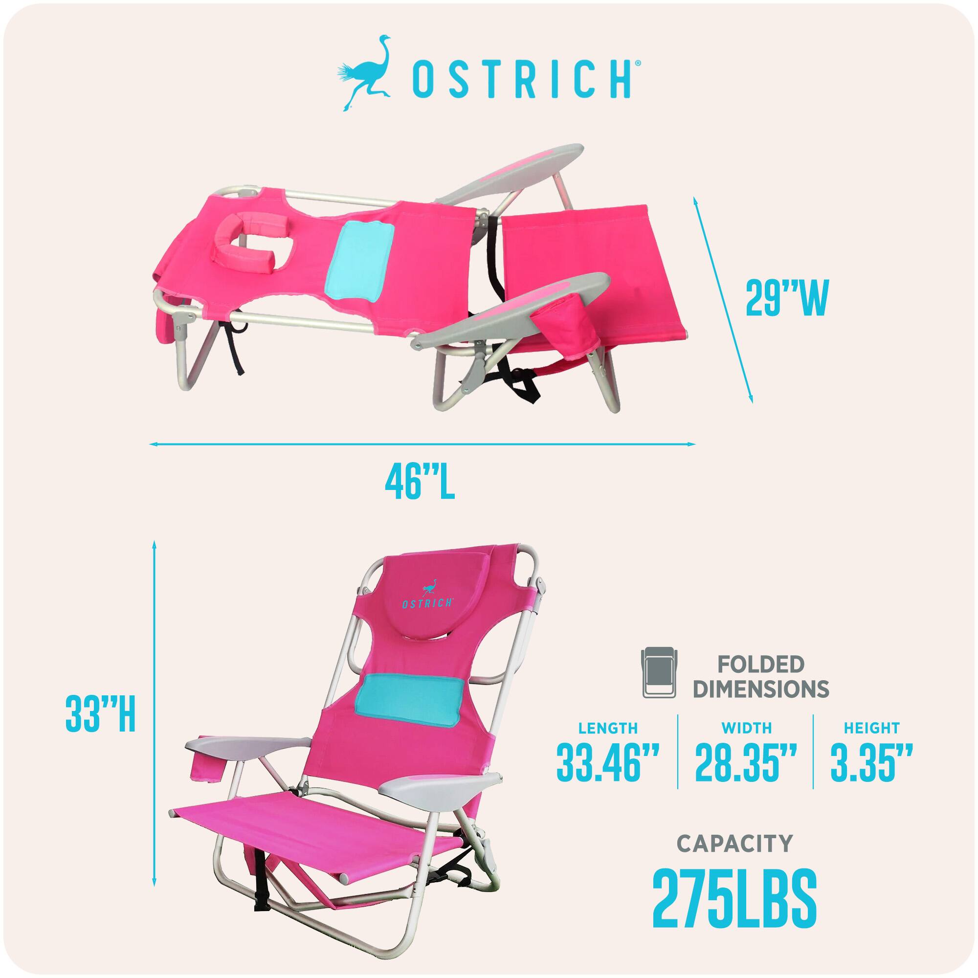 OSTRICH  
29"W 46"L 33"H  
FOLDED DIMENSIONS  
LENGTH: 33.46"  
WIDTH: 28.35"  
HEIGHT: 3.35"  
CAPACITY: 275LBS