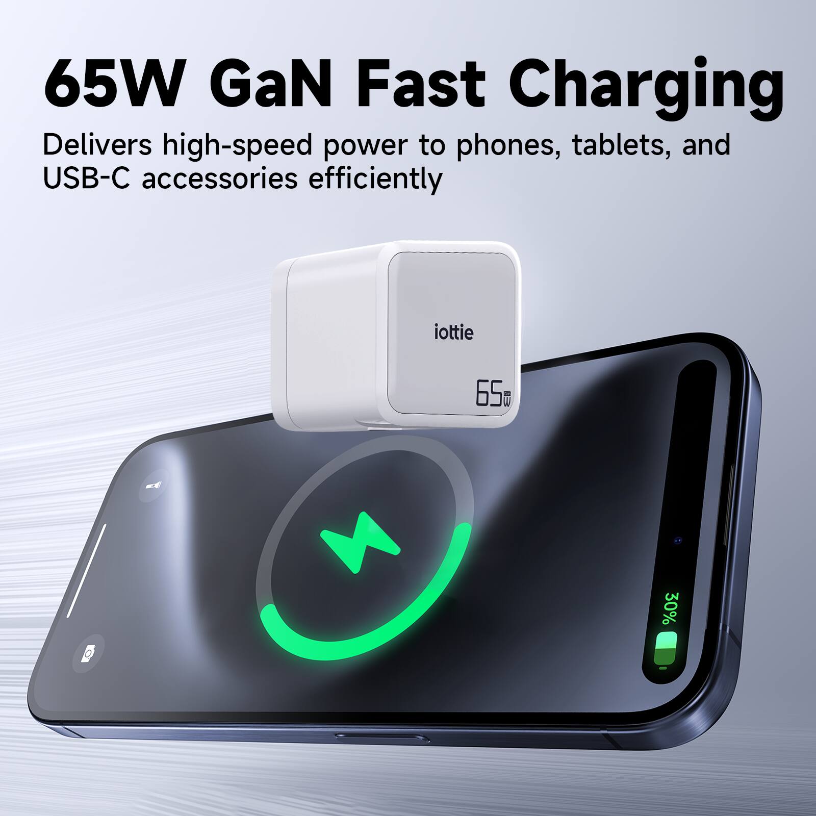 65W GaN Fast Charging Delivers high-speed power to phones, tablets, and USB-C accessories efficiently

iottie 65W

30%