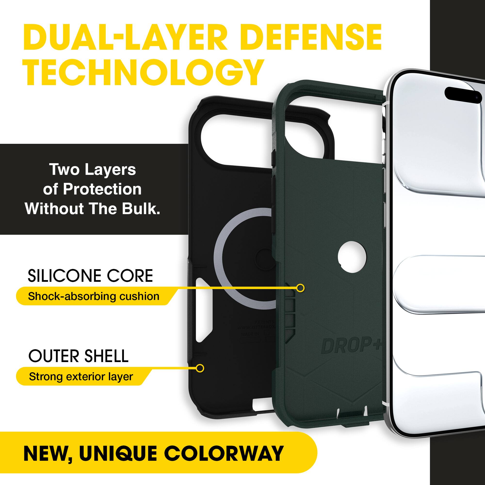 DUAL-LAYER DEFENSE TECHNOLOGY  
Two Layers of Protection Without The Bulk.  

SILICONE CORE  
Shock-absorbing cushion  

OUTER SHELL  
Strong exterior layer  

NEW, UNIQUE COLORWAY