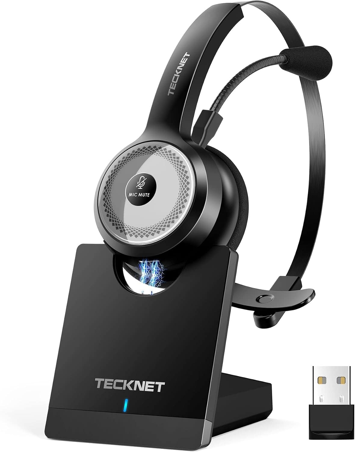TECKNET - Wireless Headset with Mic & USB Dongle, 45Hrs, AI Noise Cancelling, Charging Base, for PC Laptop Calls & Office