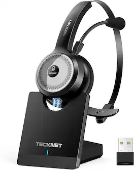 TECKNET - Wireless Headset with Mic & USB Dongle, 45Hrs, AI Noise Cancelling, Charging Base, for PC Laptop Calls & Office
