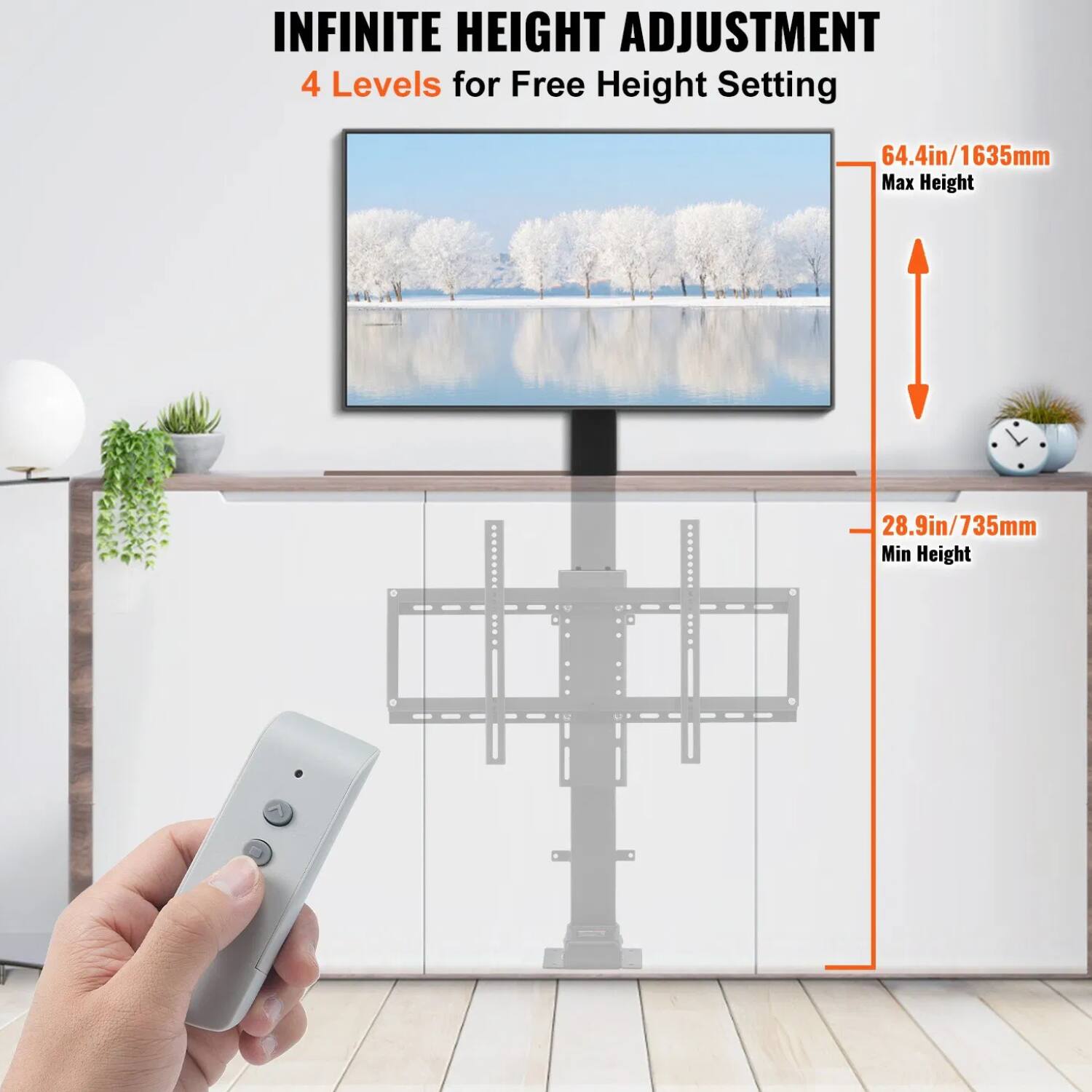 INFINITE HEIGHT ADJUSTMENT  
4 Levels for Free Height Setting  

64.4in/1635mm Max Height  
28.9in/735mm Min Height