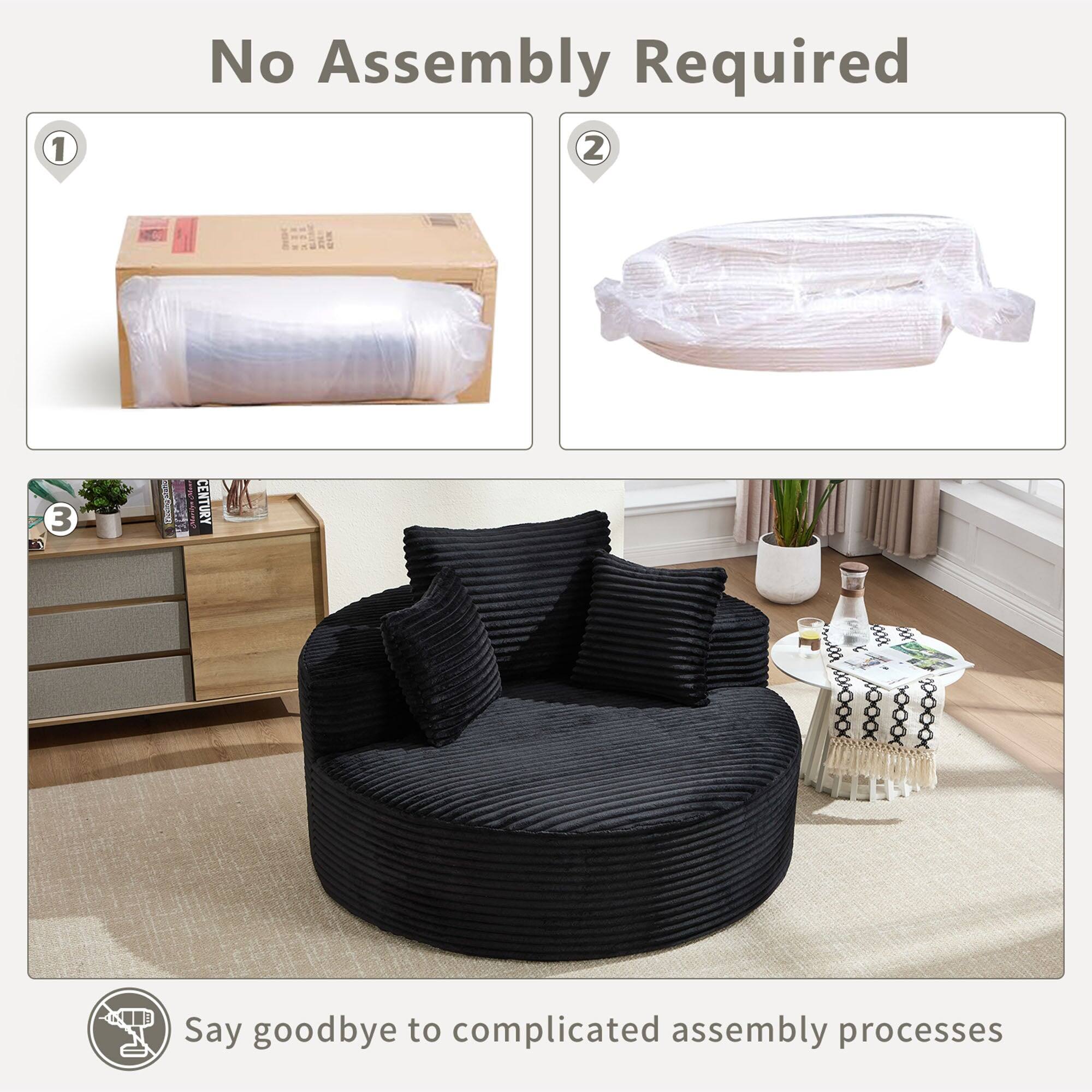 No Assembly Required

1. [Image of a rolled-up item in a box]
2. [Image of a rolled-up item in plastic wrap]
3. [Image of a fully assembled black chair]

Say goodbye to complicated assembly processes