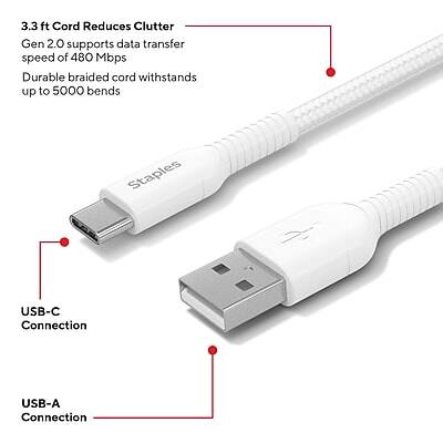 3.3 ft Cord Reduces Clutter  
Gen 2.0 supports data transfer speed of 480 Mbps  
Durable braided cord withstands up to 5000 bends  

USB-C Connection  
USB-A Connection