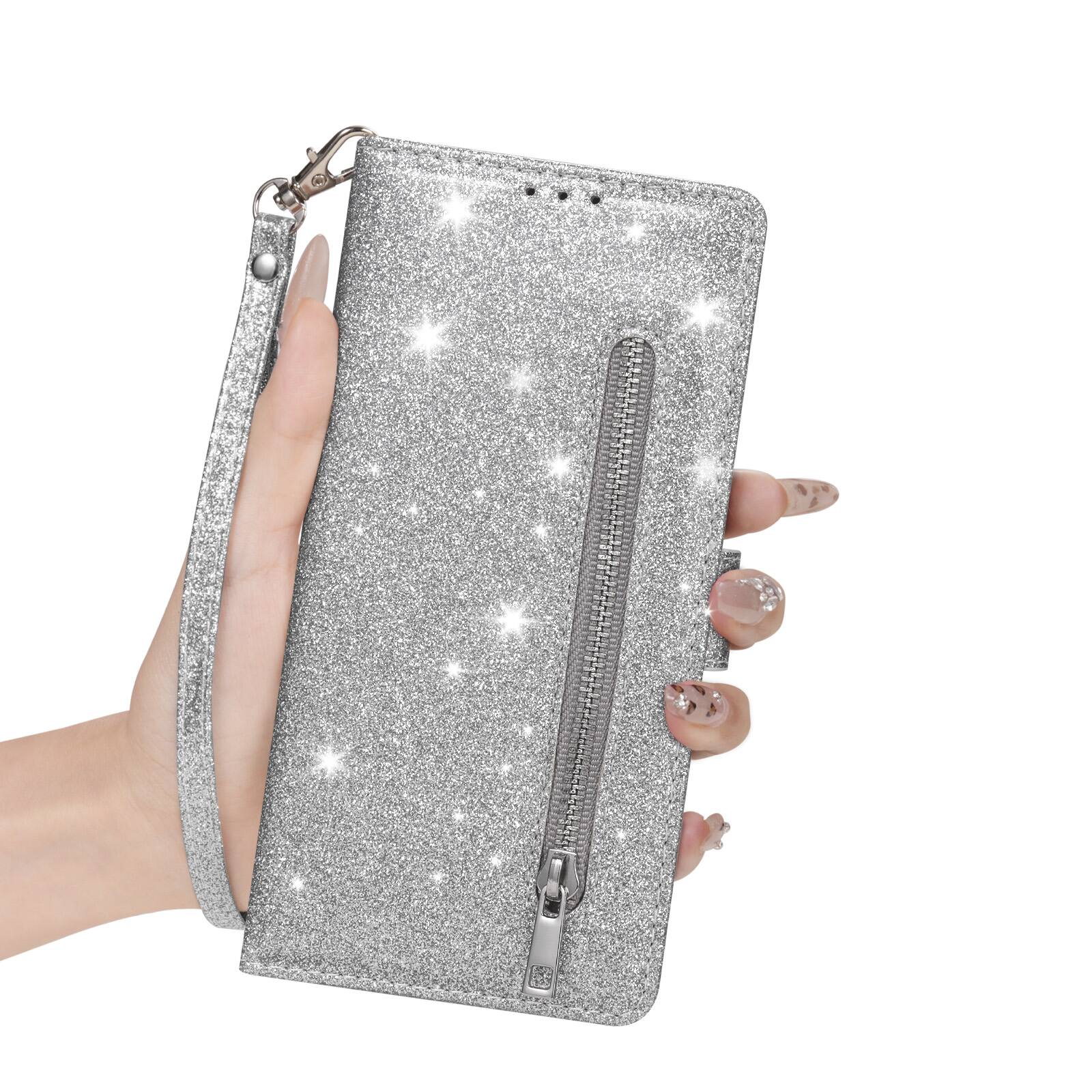 Angle. Dteck - Glitter Zipper Wallet Case for Samsung Galaxy A37 Card Holder Wrist Strap Shockproof PU Leather Cover - Silver.
