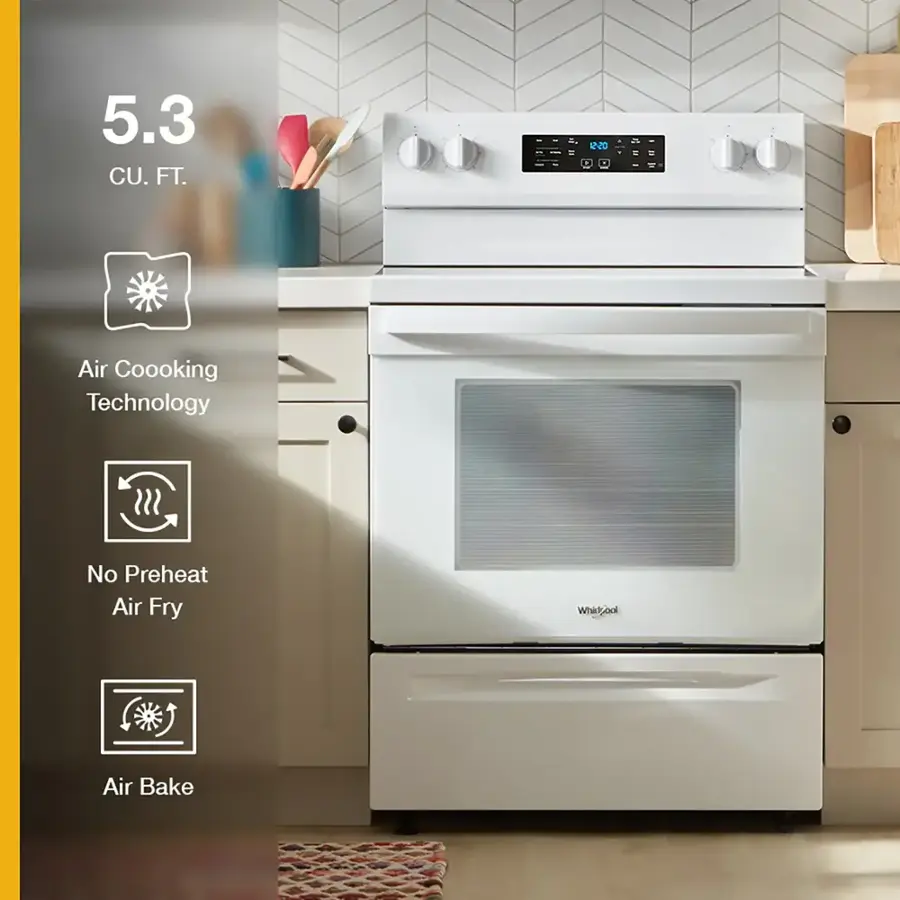 The text on the image reads: "5.3 CU. FT. INC Air Coooking Technology No Preheat Air Fry Whicisool Wh Air Bake." This text is grouped and corrected as follows:

"5.3 CU. FT. INC Air Cooking Technology No Preheat Air Fry Whisper Quiet Wh Air Bake."