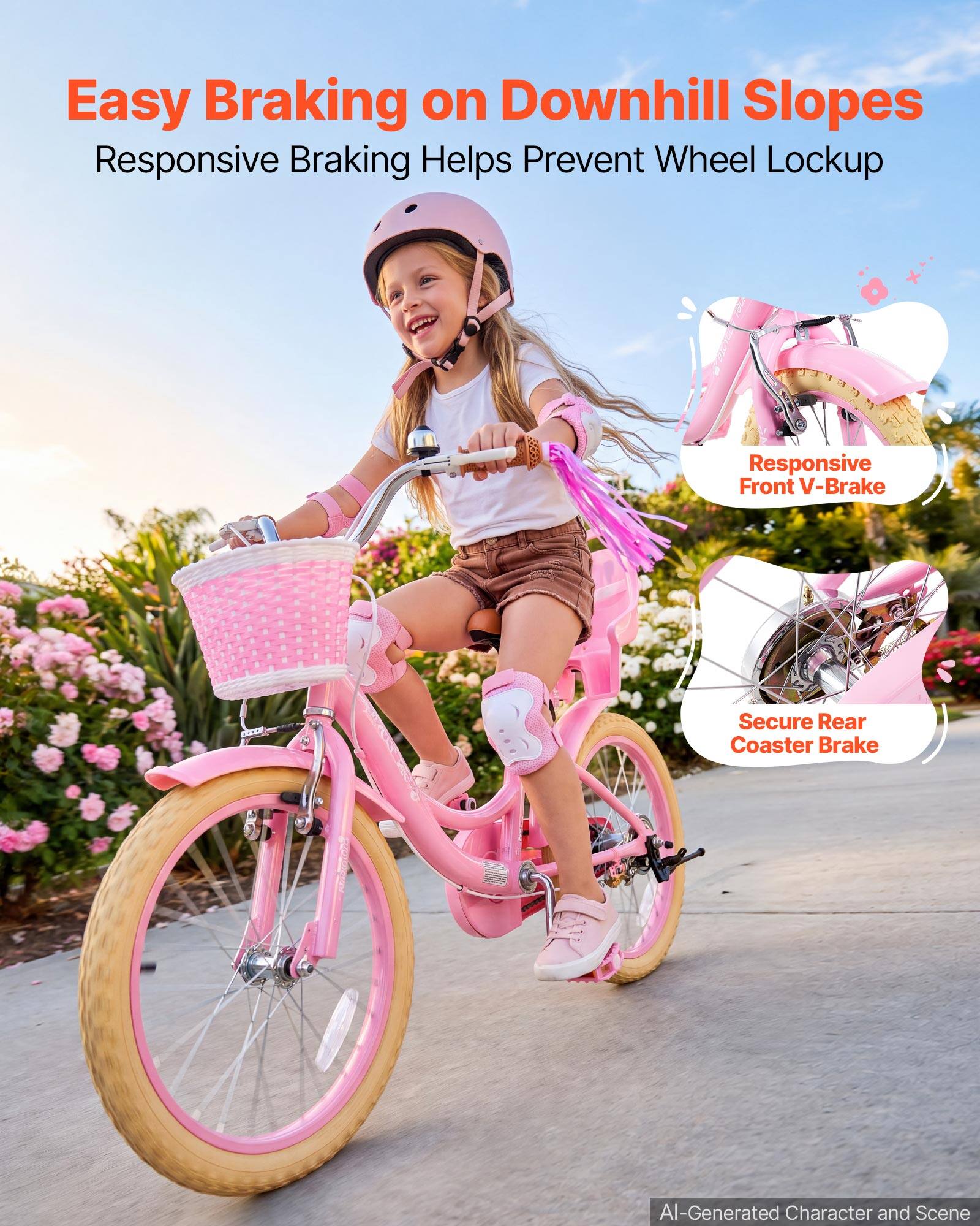 Easy Braking on Downhill Slopes  
Responsive Braking Helps Prevent Wheel Lockup

Responsive Front V-Brake

Secure Rear Coaster Brake

AI-Generated Character and Scene
