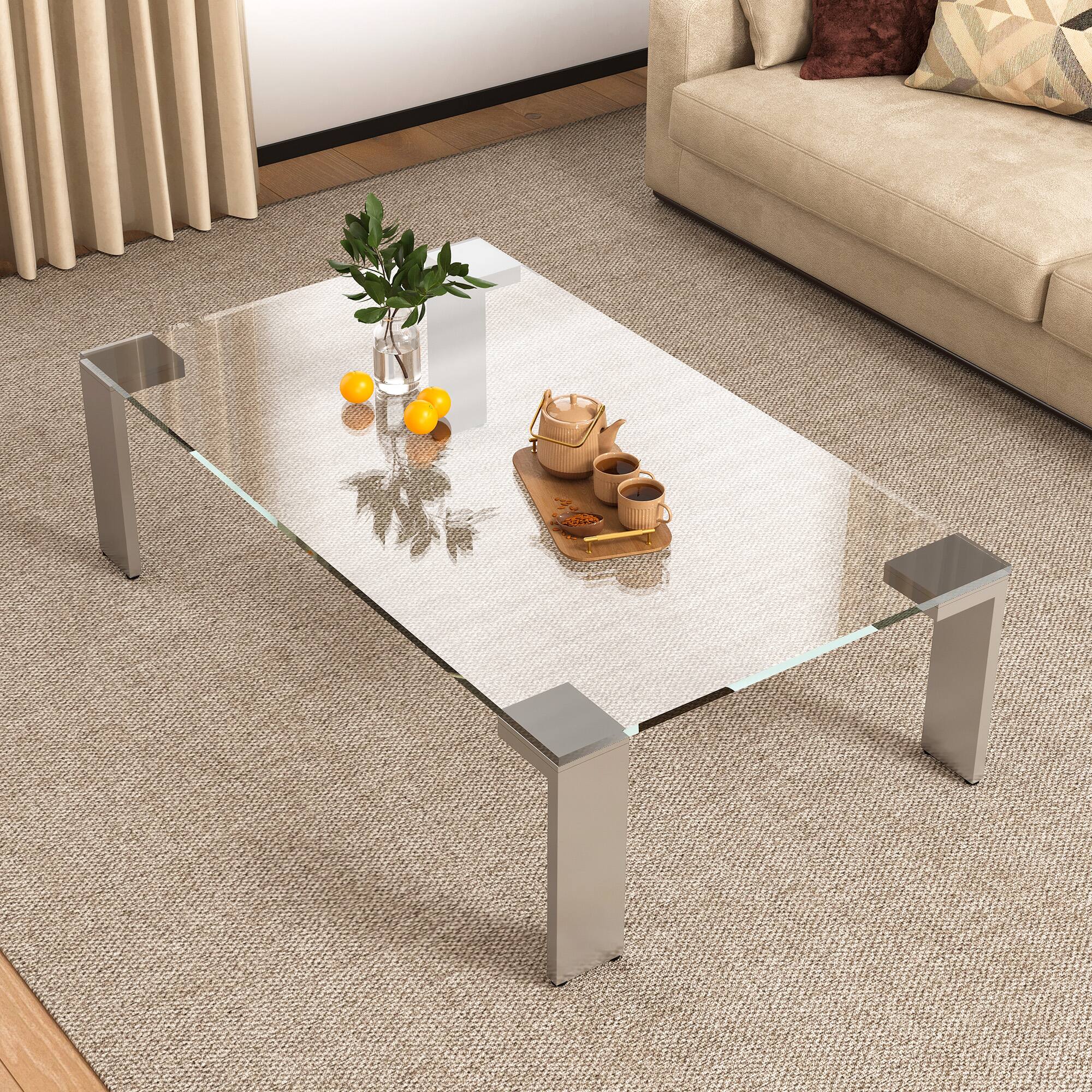 Back. luck idea - Modern Tempered Glass Coffee Table with Stainless Steel Legs, 47.2" Rectangular Clear Table for Living Room - Clear Glass.