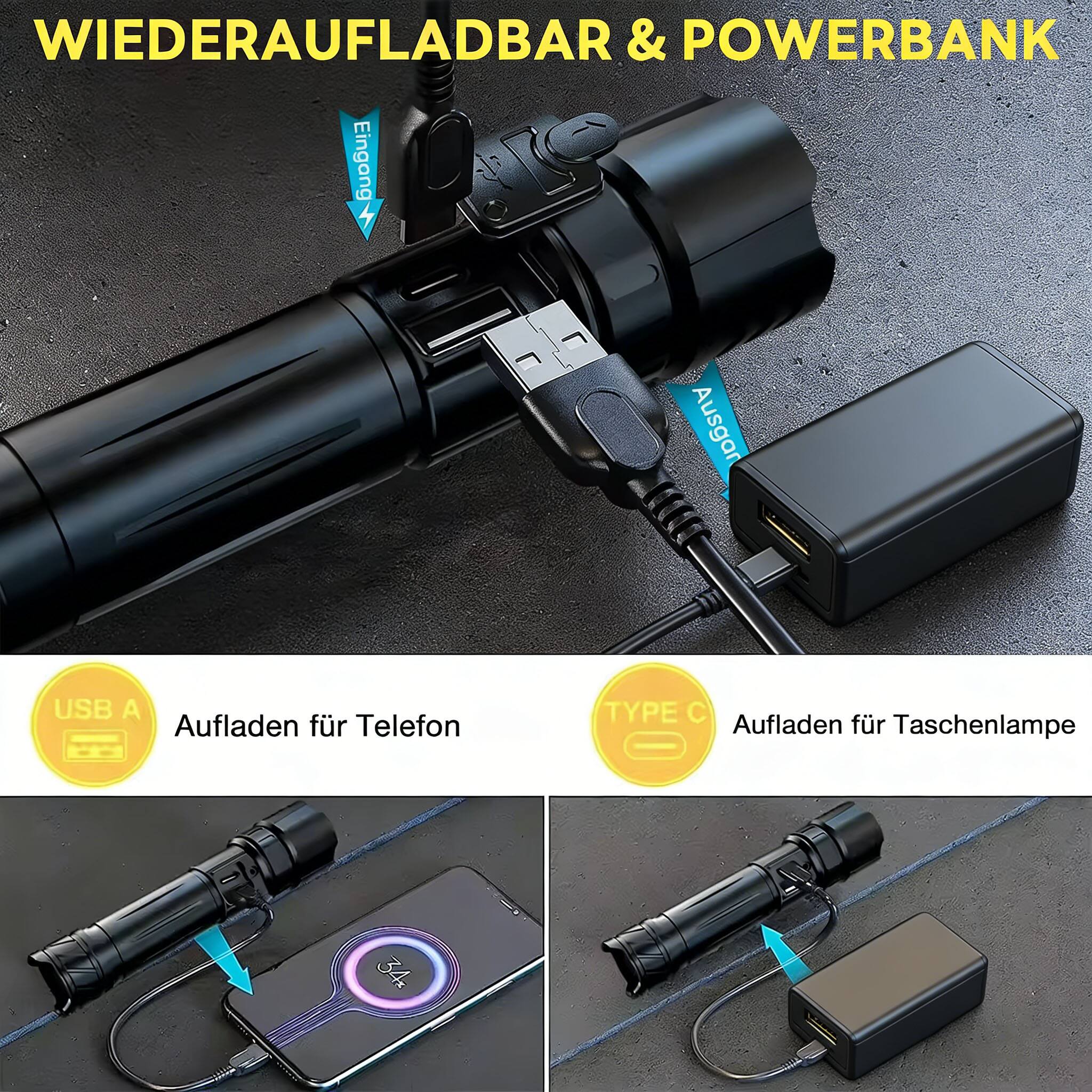 WIEDERAUFLADBAR & POWERBANK

Eingang Ausgang

USB A Aufladen für Telefon

TYPE C Aufladen für Taschenlampe

USB A
Aufladen für Telefon

TYPE C
Aufladen für Taschenlampe