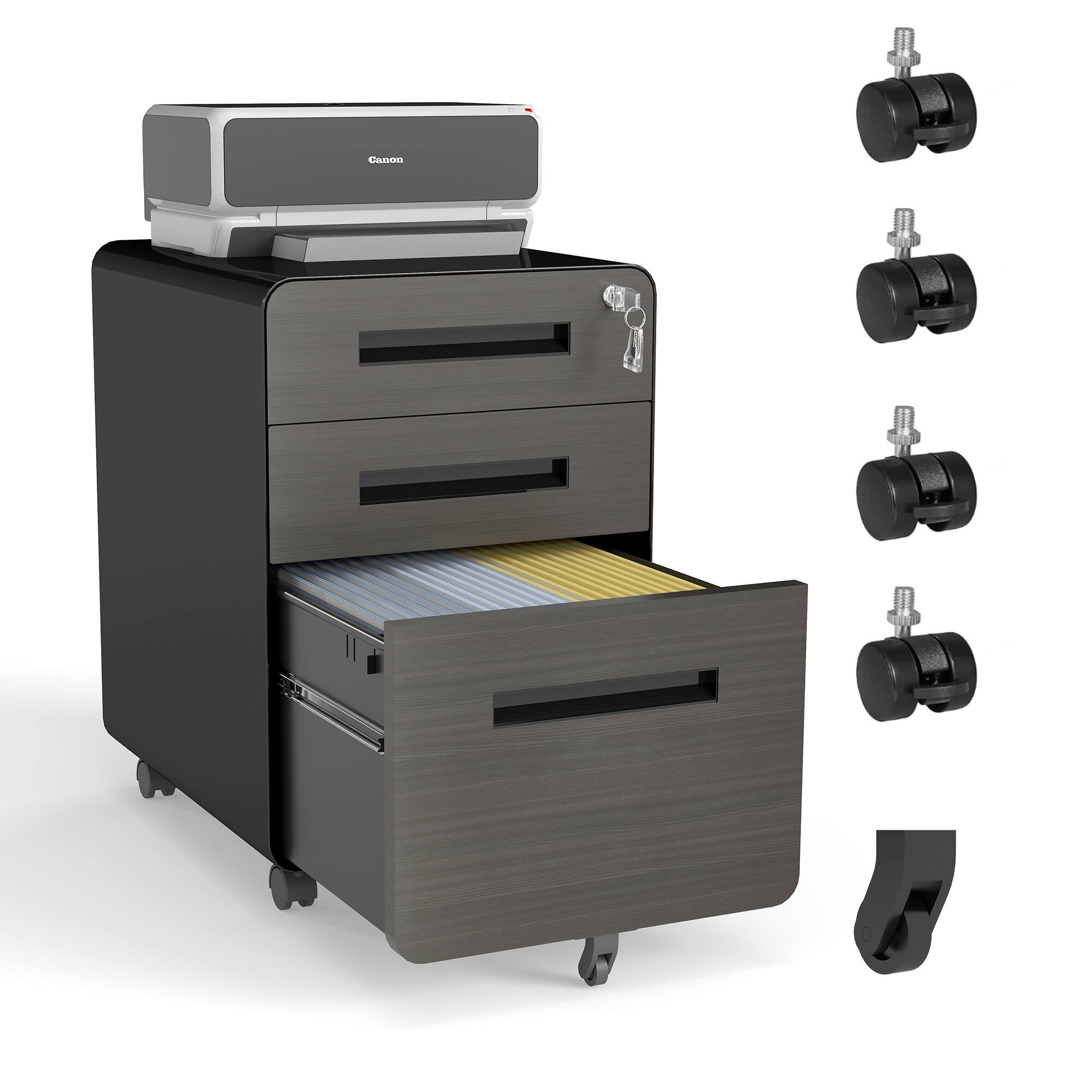 Back. Dexmalle - Dexmalle-3-Drawer Mobile File Cabinet with Lock-Black.