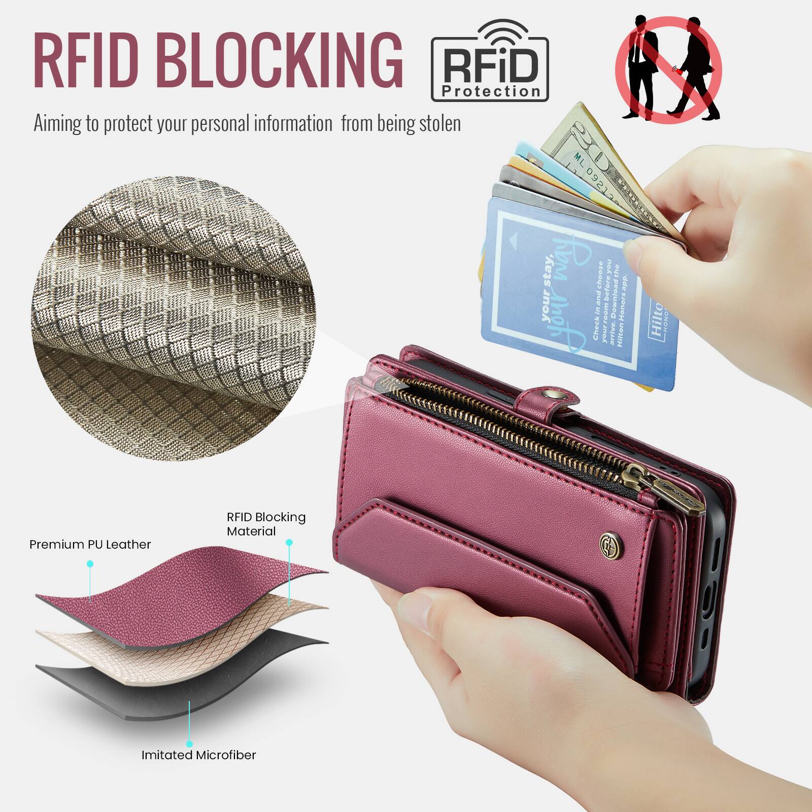 RFID BLOCKING  
Aiming to protect your personal information from being stolen  

RFiD Protection  

Premium PU Leather  
RFID Blocking Material  
Imitated Microfiber