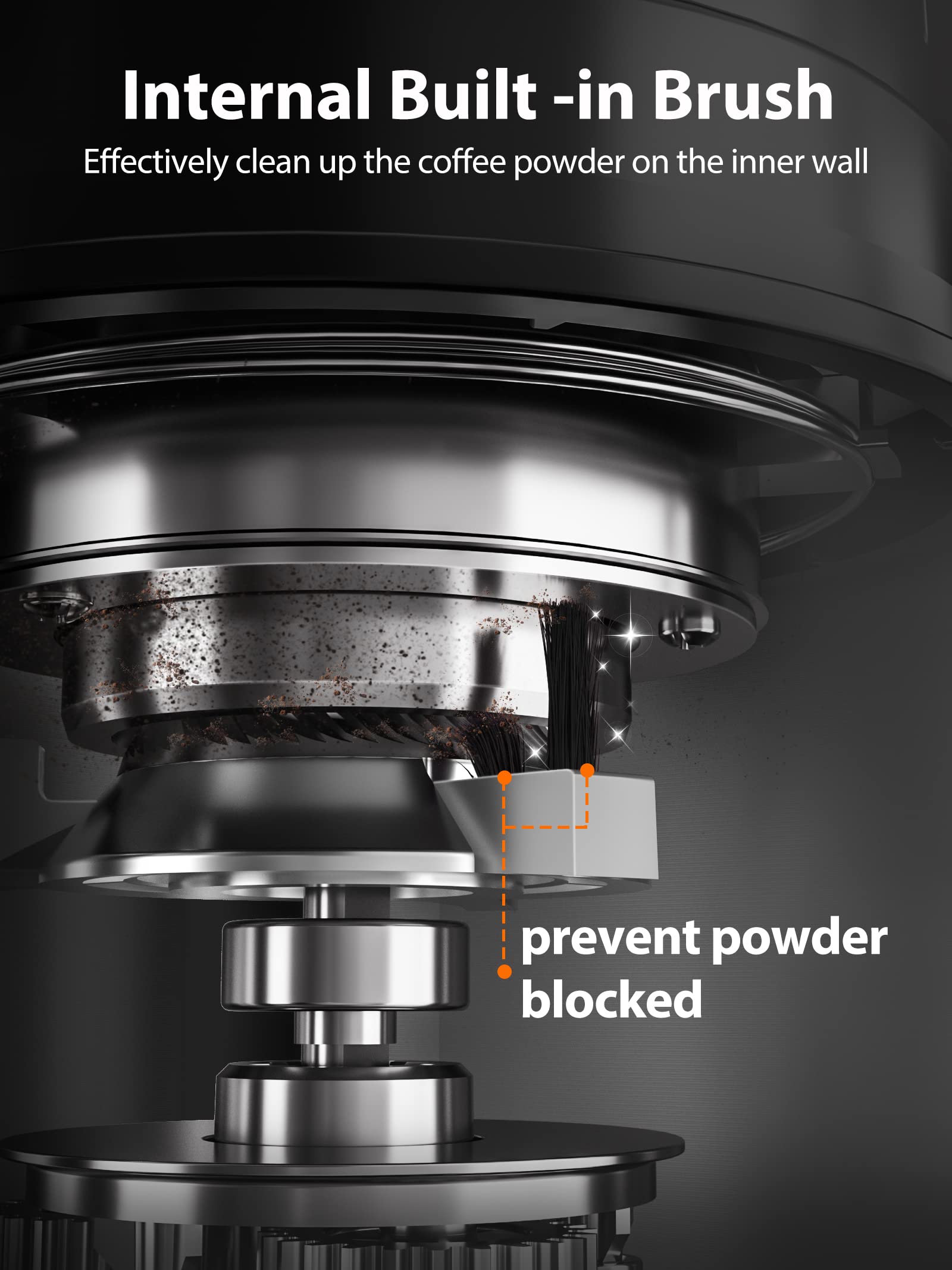 Internal Built-in Brush  
Effectively clean up the coffee powder on the inner wall  

prevent powder blocked