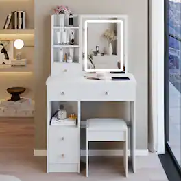 Ecooso - Small Size Vanity Table with Left Drawer, Cushioned Stool, Touch Control, Tri-color LED Mirror, High Storage - White