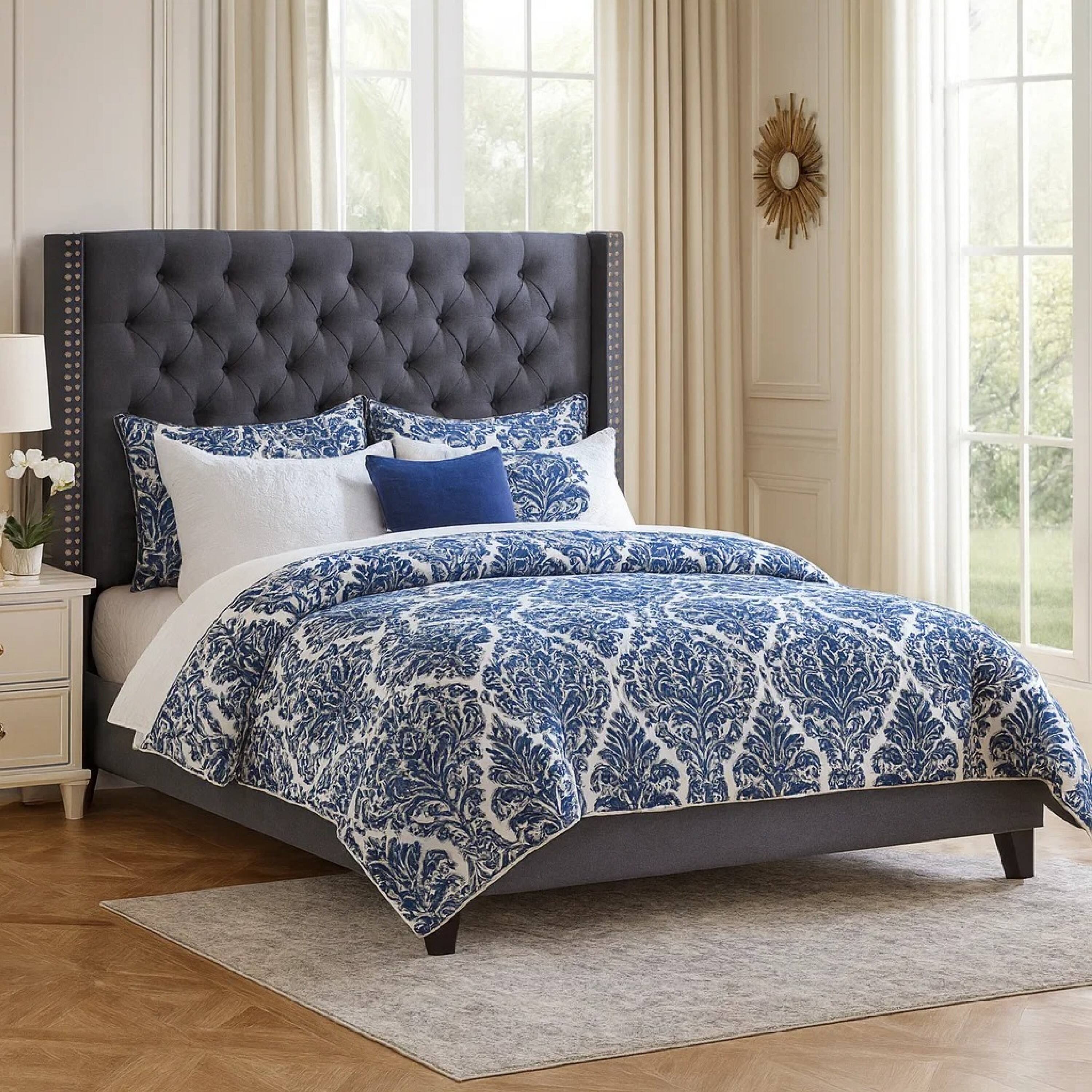 Alt View 6. Manhattan Lane - Polyfiber Upholstered Full Size Bed Featuring Nail head Trim - Blue Gray.