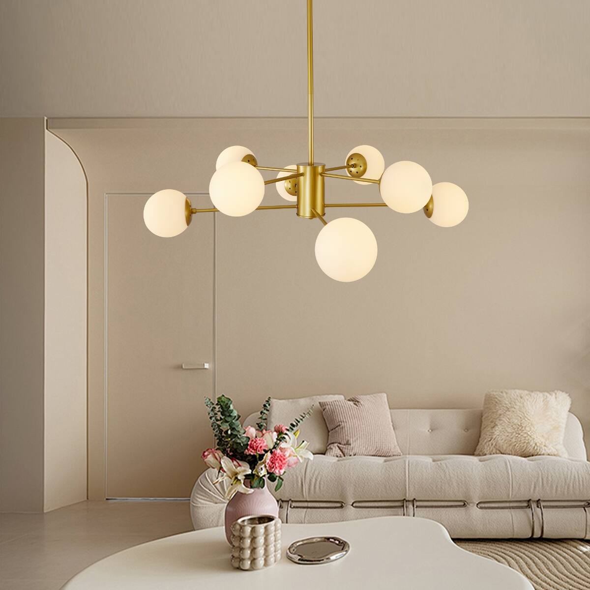 Alt View 1. Loheer - Loheer 35 Inch Gold Chandelier, Eight Light Mid Century Branching Ceiling Fixture with White Glass Globe Shades.