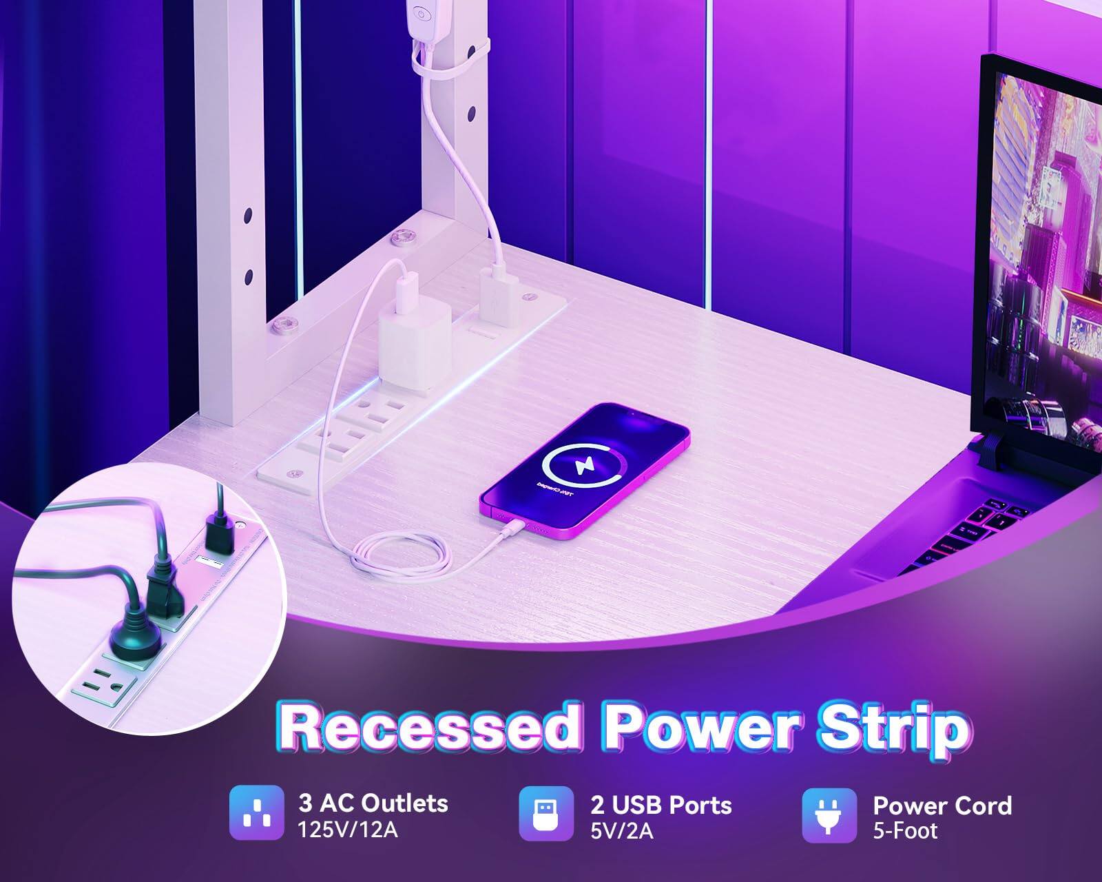 M - neT Recessed Power Strip  
3 AC Outlets  
2 USB Ports  
Power Cord  
125V/12A  
5V/2A  
5-Foot