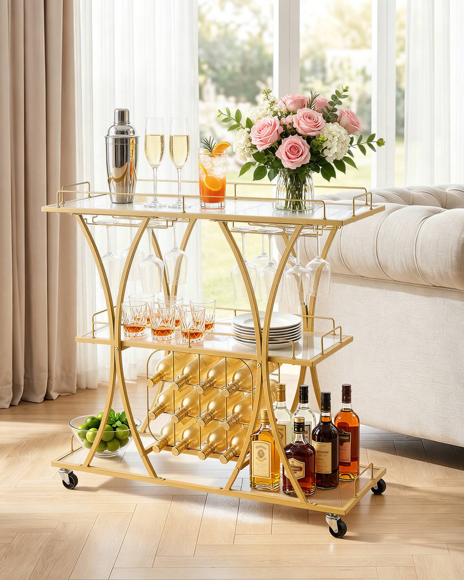 Alt View 2. VEVOR - Bar Cart, 3 Tiers Home Kitchen Serving Carts, Modern Rolling Utility Station on Wheels, Drink Beverage Trolley - Gold.