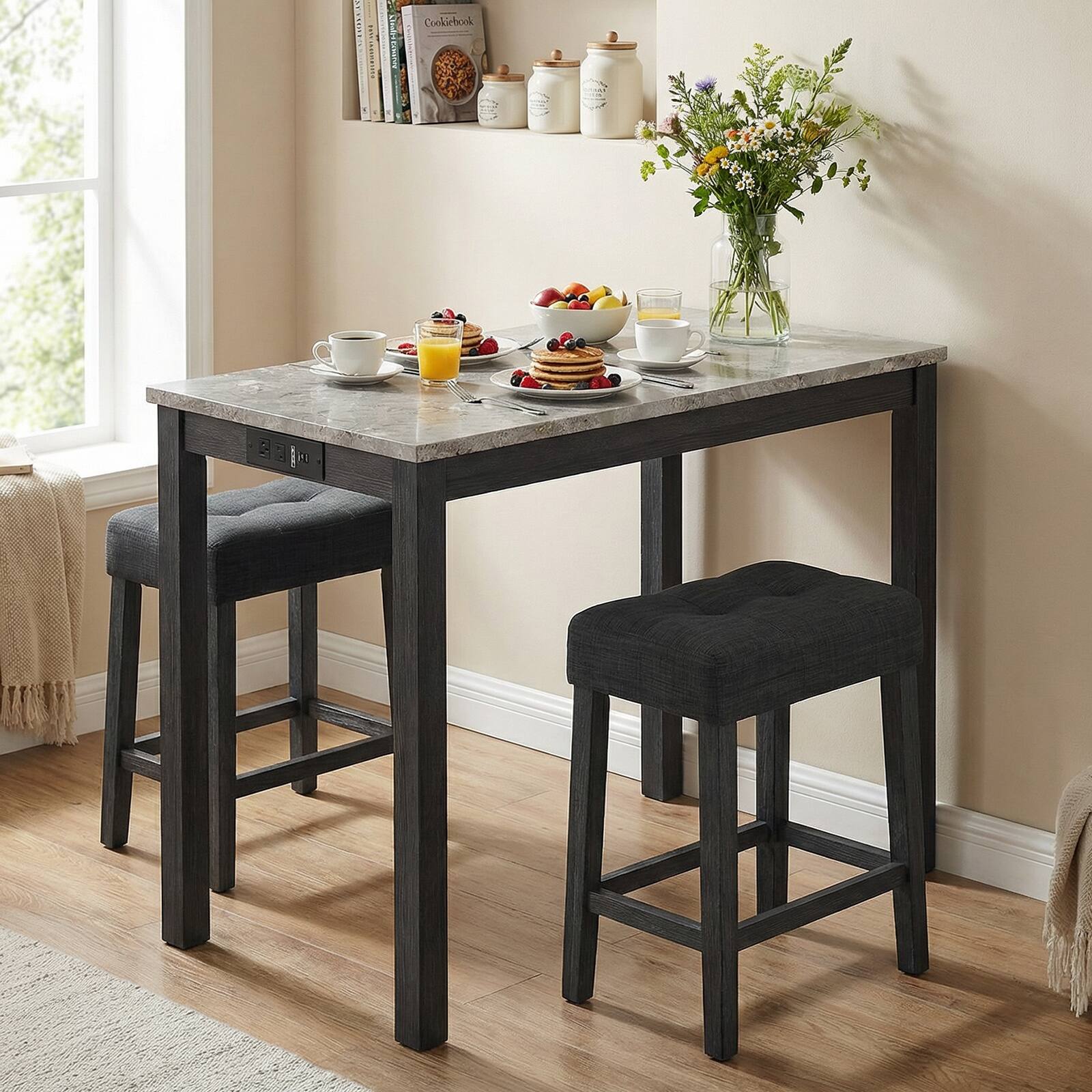 Alt View 1. Gymax - Gymax 3 PCS Bar Table Set w/ Charging Station Modern Counter Height Breakfast Table Gray - Gray.