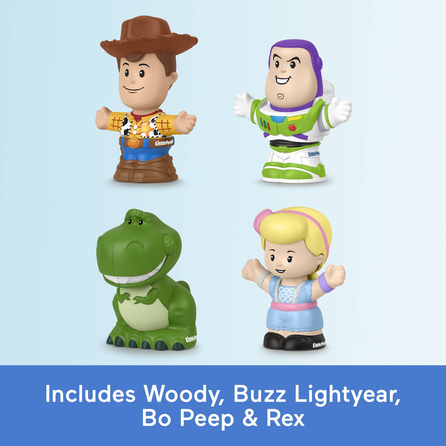 Includes Woody, Buzz Lightyear, Bo Peep & Rex