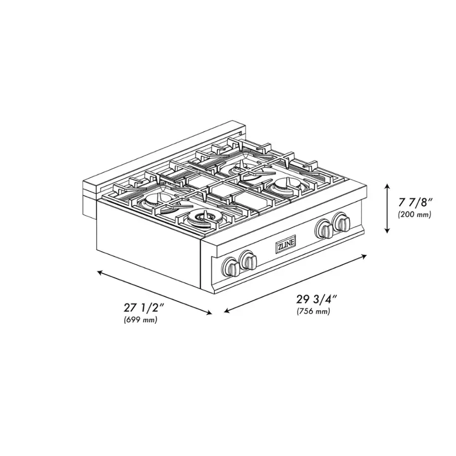 The image shows a stove with a 27 1/2" (699 mm) width and a 7 7/8" (200 mm) height. The stove is designed by ZLINE.