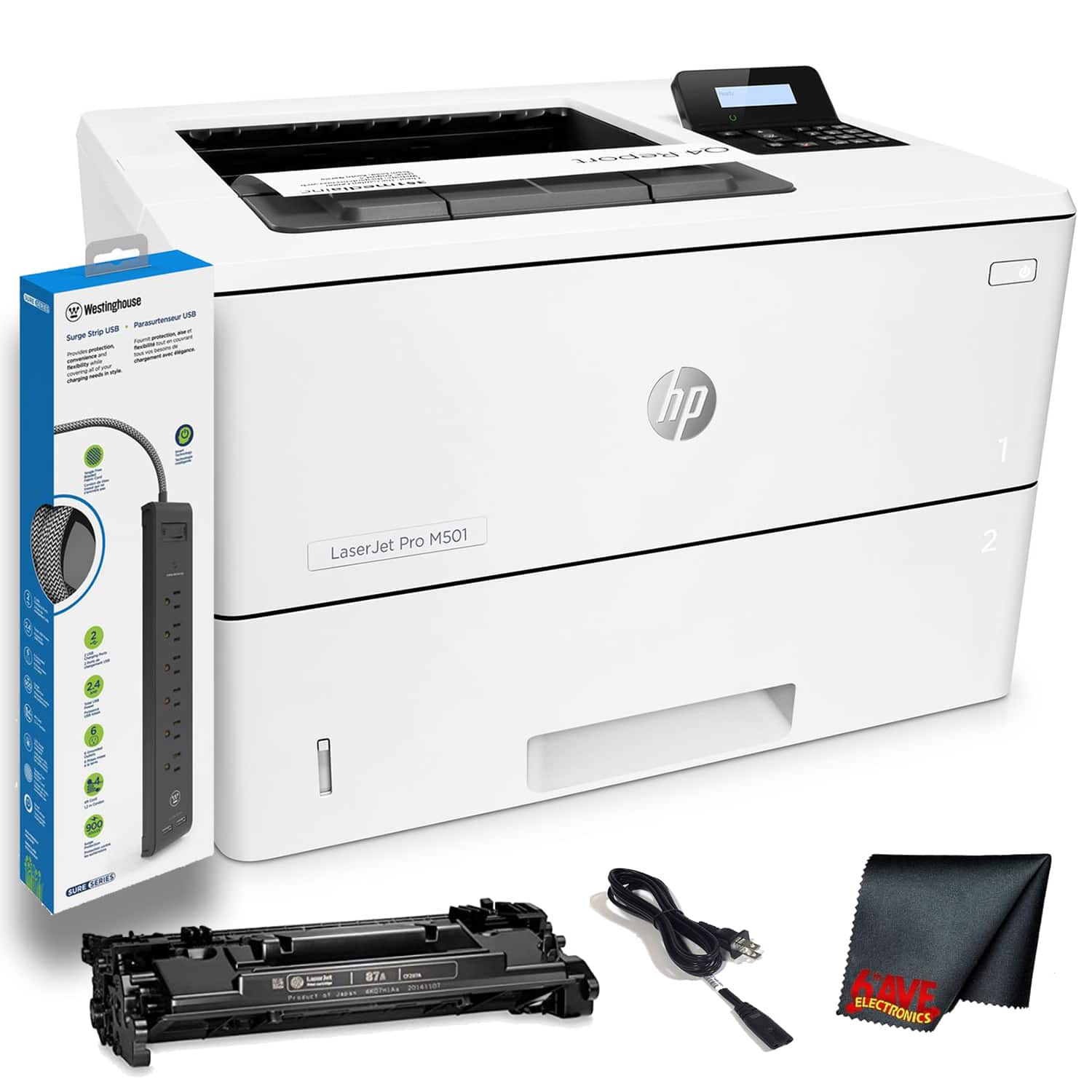 HP - LaserJet Pro M501dn Monochrome Laser Printer with Built-in Ethernet w/ Power Strip Surge Protector and Cleaning Cloth
